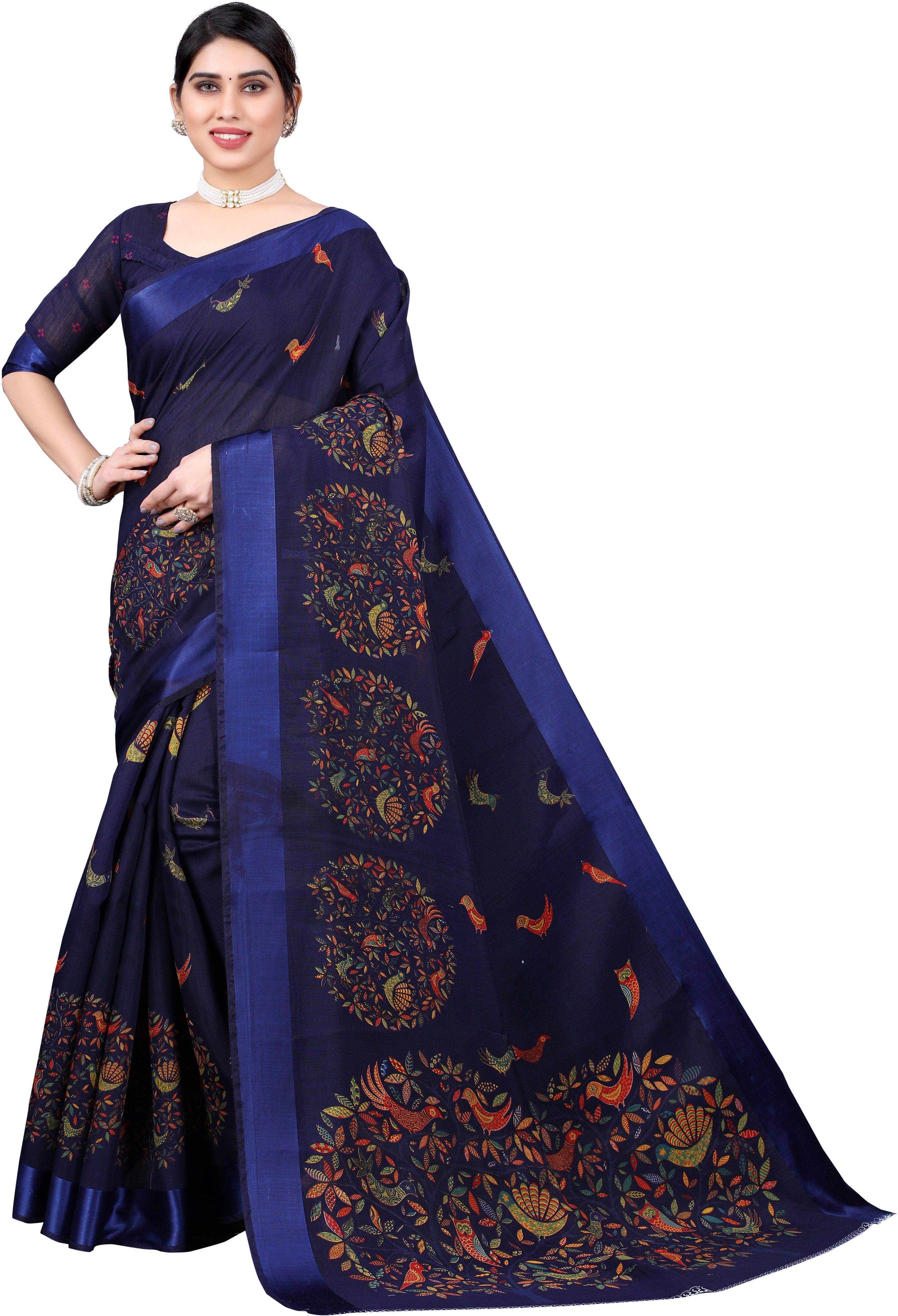     			Yashika Cotton Blend Printed Regular Saree With Unstitched Blouse Piece ( Navy Blue )