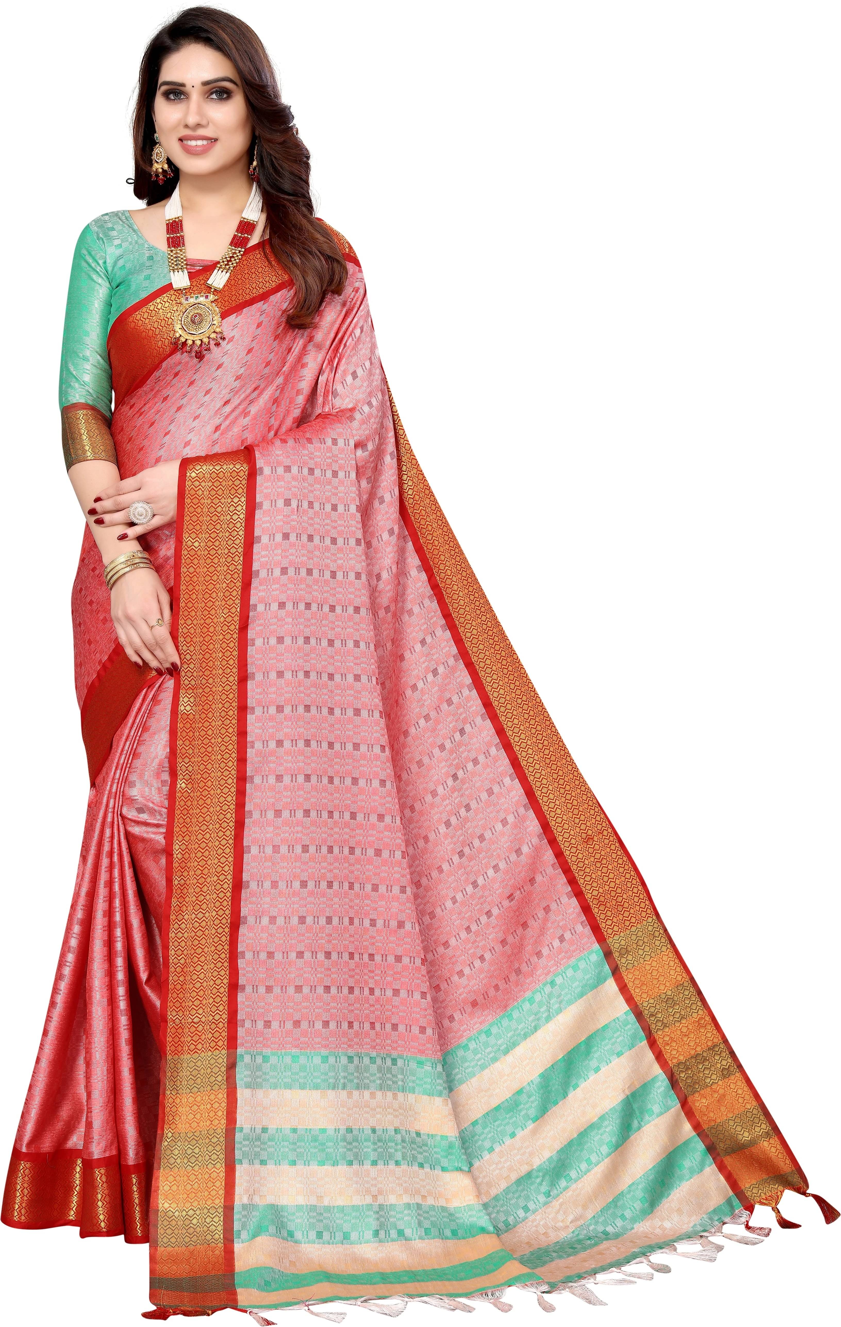     			Yashika Cotton Silk Checked Chettinad Saree With Unstitched Blouse Piece ( Red )