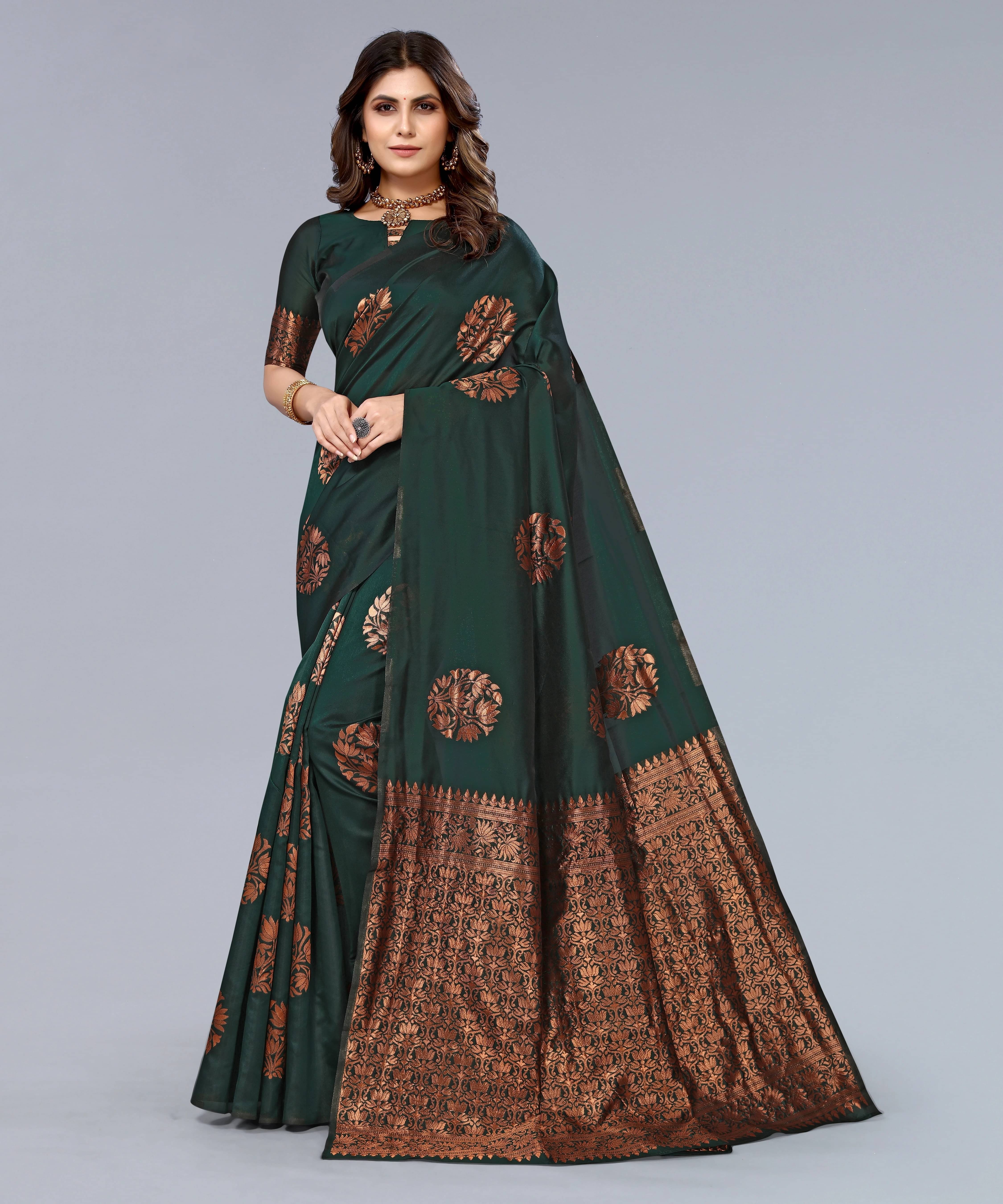     			Yashika Cotton Silk Printed Banarasi saree With Unstitched Blouse Piece ( Green )
