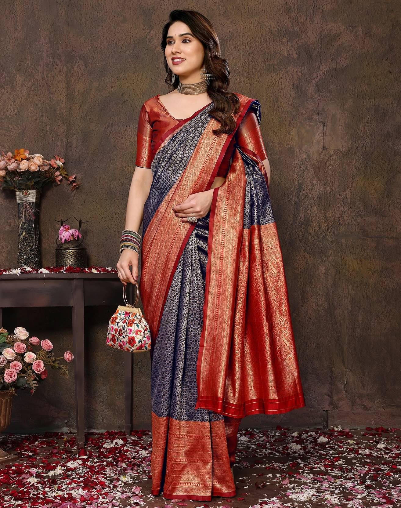     			Yashika Cotton Silk Printed Banarasi saree With Unstitched Blouse Piece ( Blue )