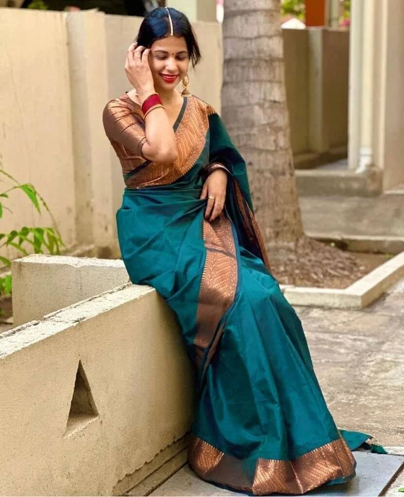     			Yashika Cotton Silk Printed Banarasi saree With Unstitched Blouse Piece ( Blue )