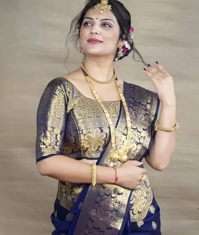     			Yashika Cotton Silk Printed Banarasi saree With Unstitched Blouse Piece ( Blue )