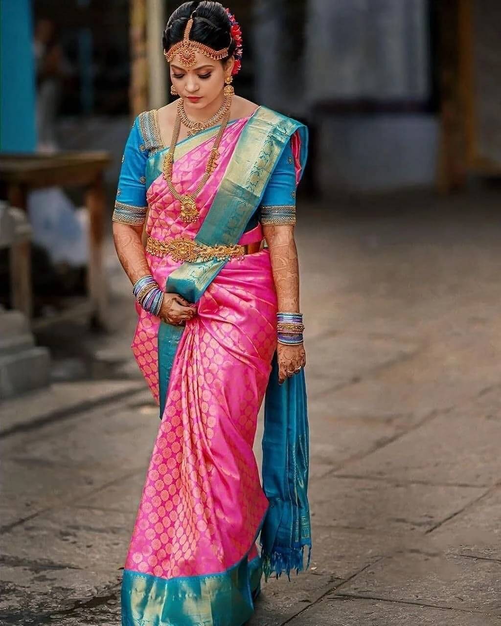     			Yashika Cotton Silk Printed Banarasi saree With Unstitched Blouse Piece ( Pink )