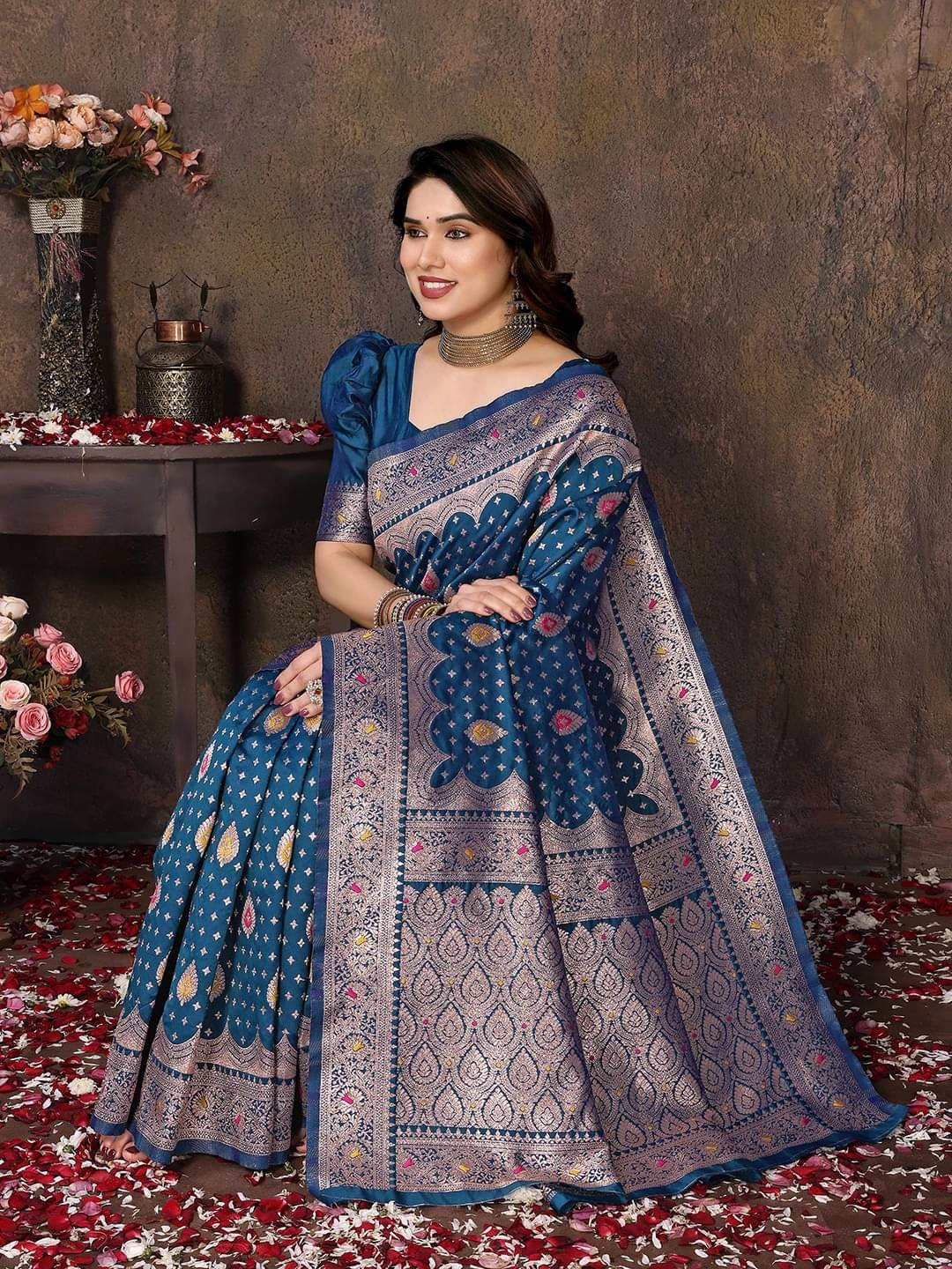 Yashika Cotton Silk Printed Banarasi saree With Unstitched Blouse Piece ( Blue ) Yashika Cotton Silk Printed Banarasi saree With Unstitched Blouse Piece ( Blue )