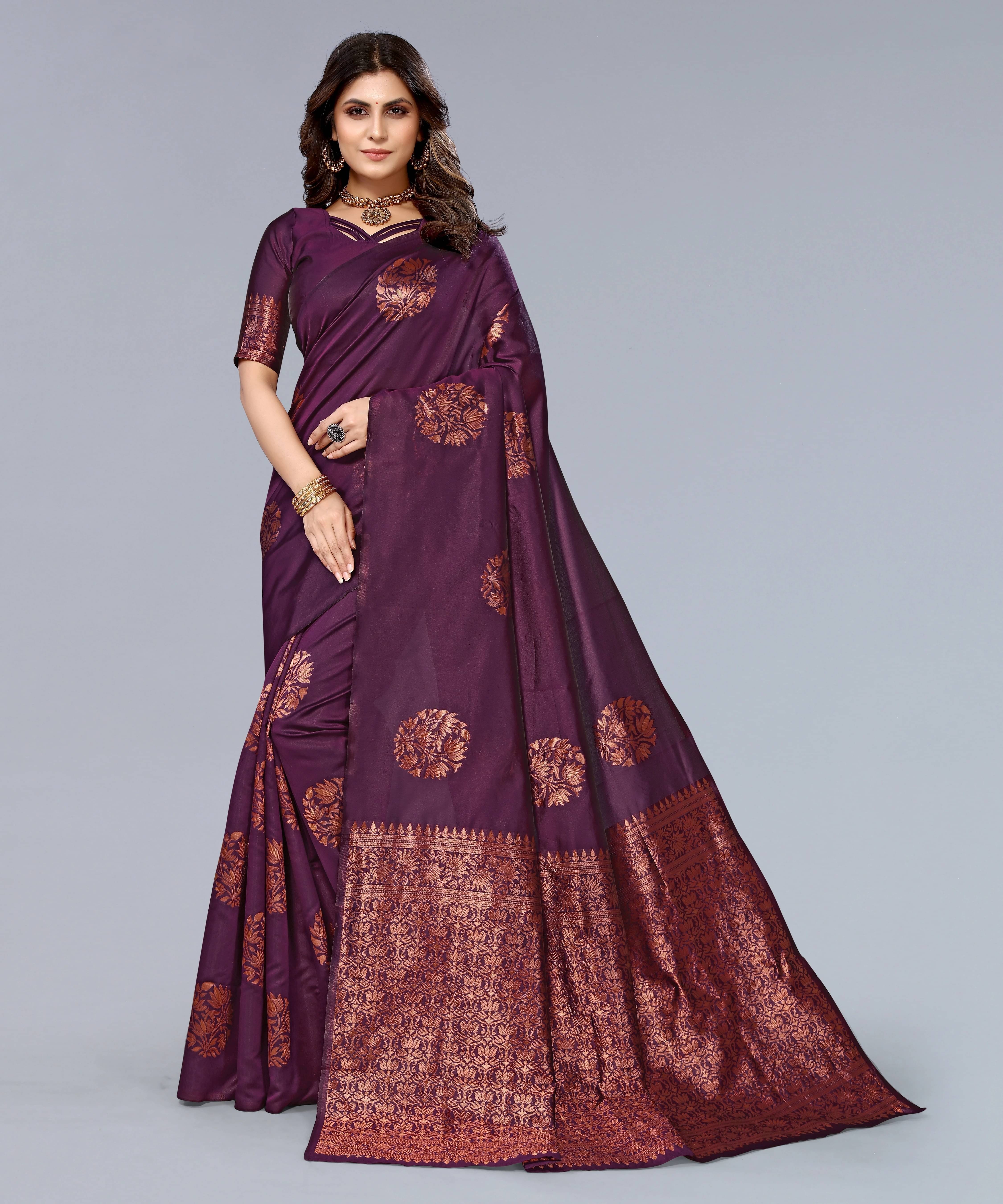     			Yashika Cotton Silk Printed Banarasi saree With Unstitched Blouse Piece ( Purple )