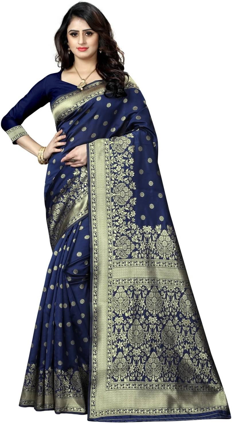     			Yashika Cotton Silk Printed Banarasi saree With Unstitched Blouse Piece ( Blue )