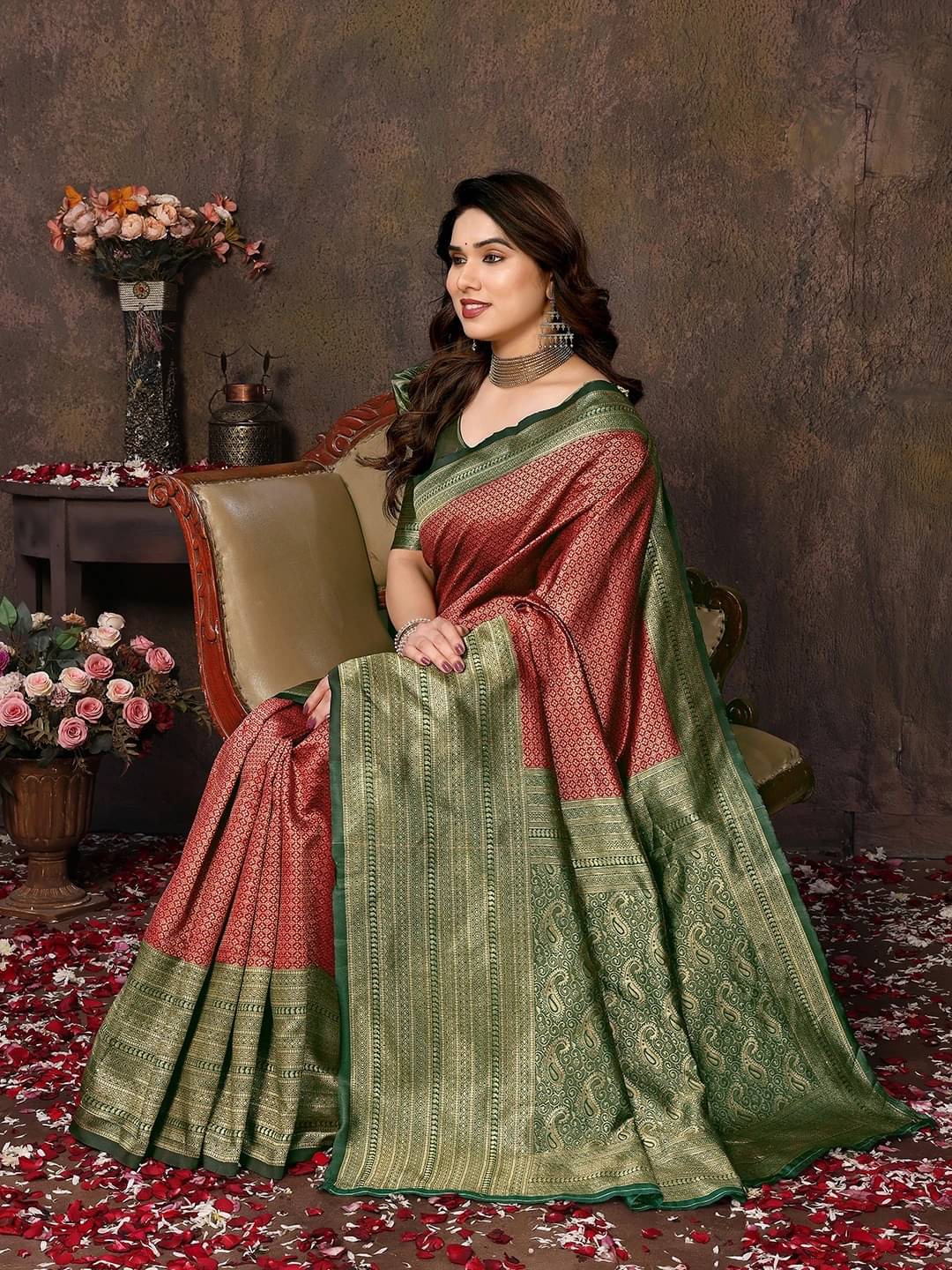     			Yashika Cotton Silk Printed Banarasi saree With Unstitched Blouse Piece ( Red )