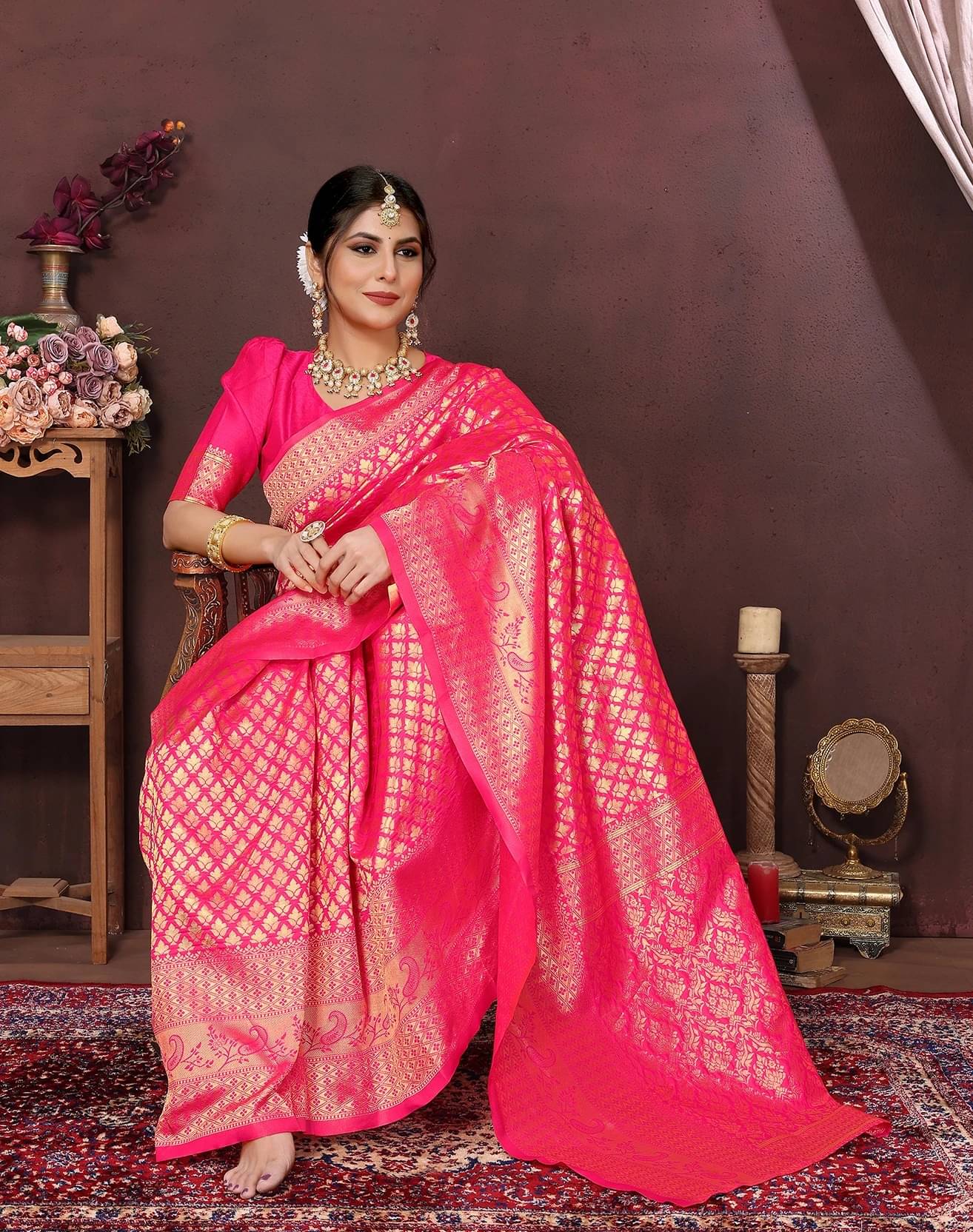     			Yashika Cotton Silk Printed Kanjeevaram Sarees With Unstitched Blouse Piece ( Pink )