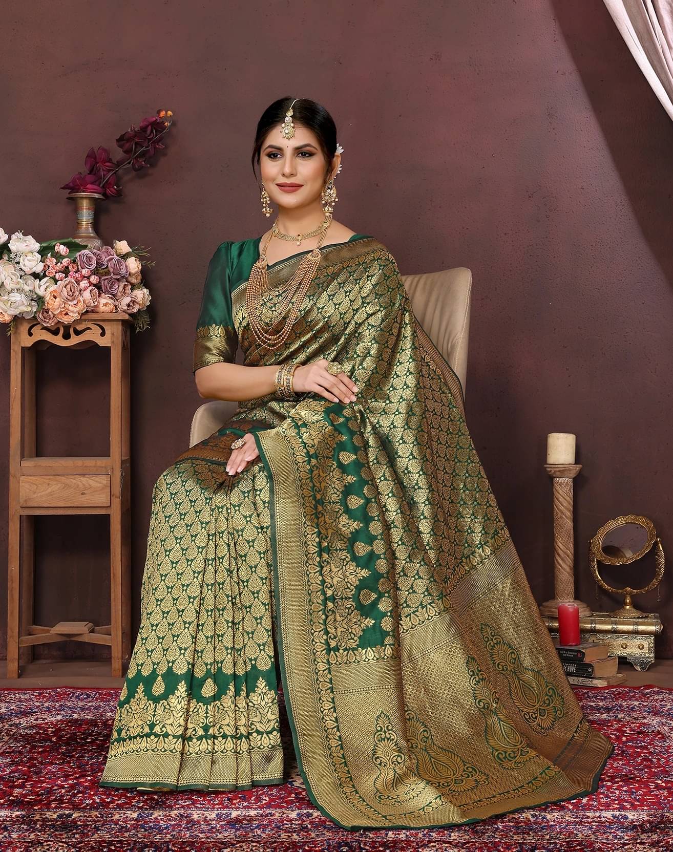     			Yashika Cotton Silk Printed Kanjeevaram Sarees With Unstitched Blouse Piece ( Green )