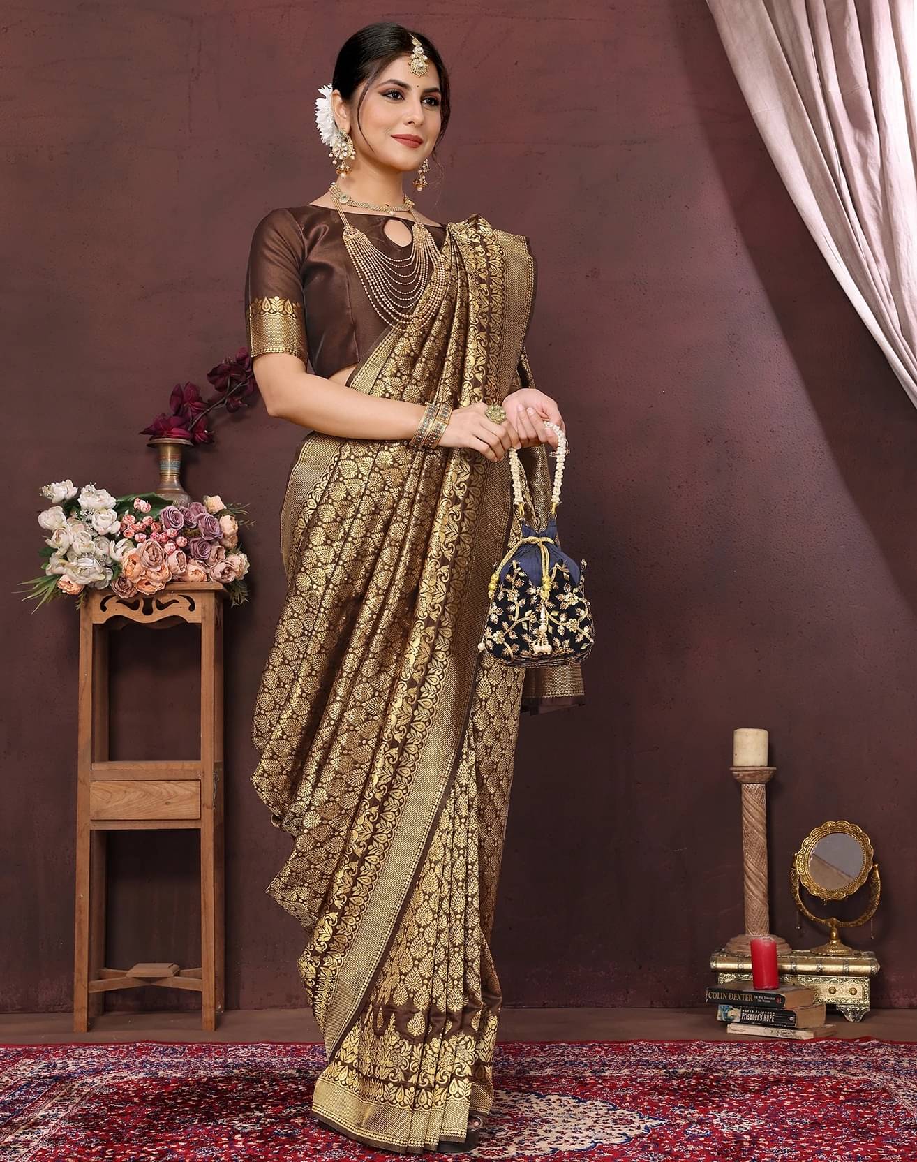 Yashika Cotton Silk Printed Kanjeevaram Sarees With Unstitched Blouse Piece ( Brown )     			Yashika Cotton Silk Printed Kanjeevaram Sarees With Unstitched Blouse Piece ( Brown )