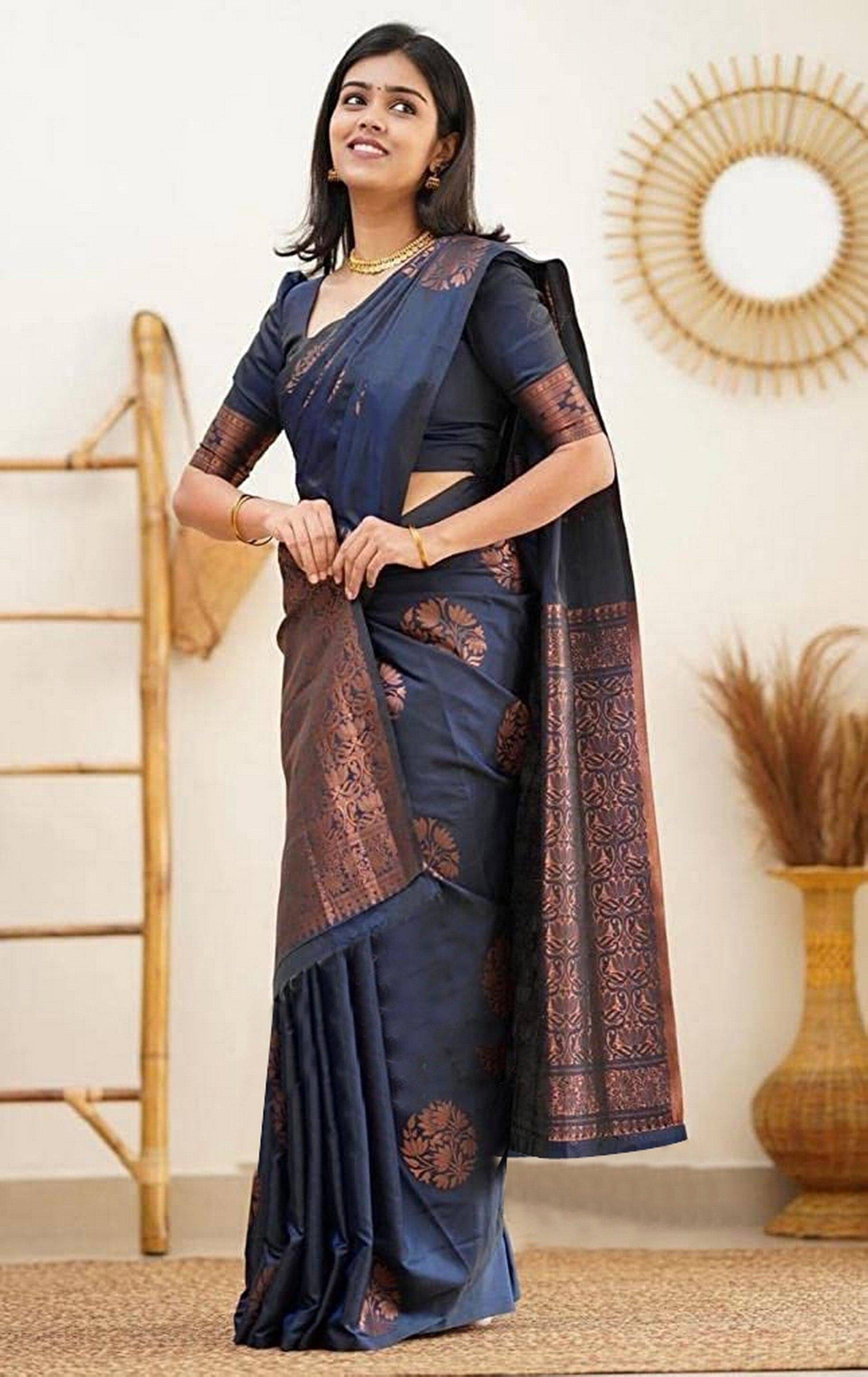Yashika Cotton Silk Printed Kanjeevaram Sarees With Unstitched Blouse Piece ( Blue ) Yashika Cotton Silk Printed Kanjeevaram Sarees With Unstitched Blouse Piece ( Blue )