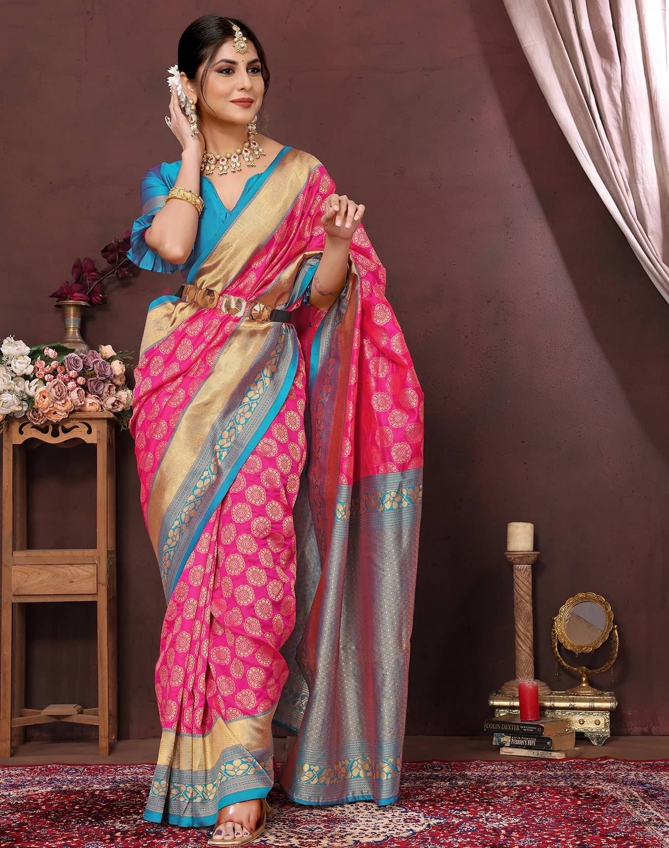     			Yashika Cotton Silk Printed Kanjeevaram Sarees With Unstitched Blouse Piece ( Pink )