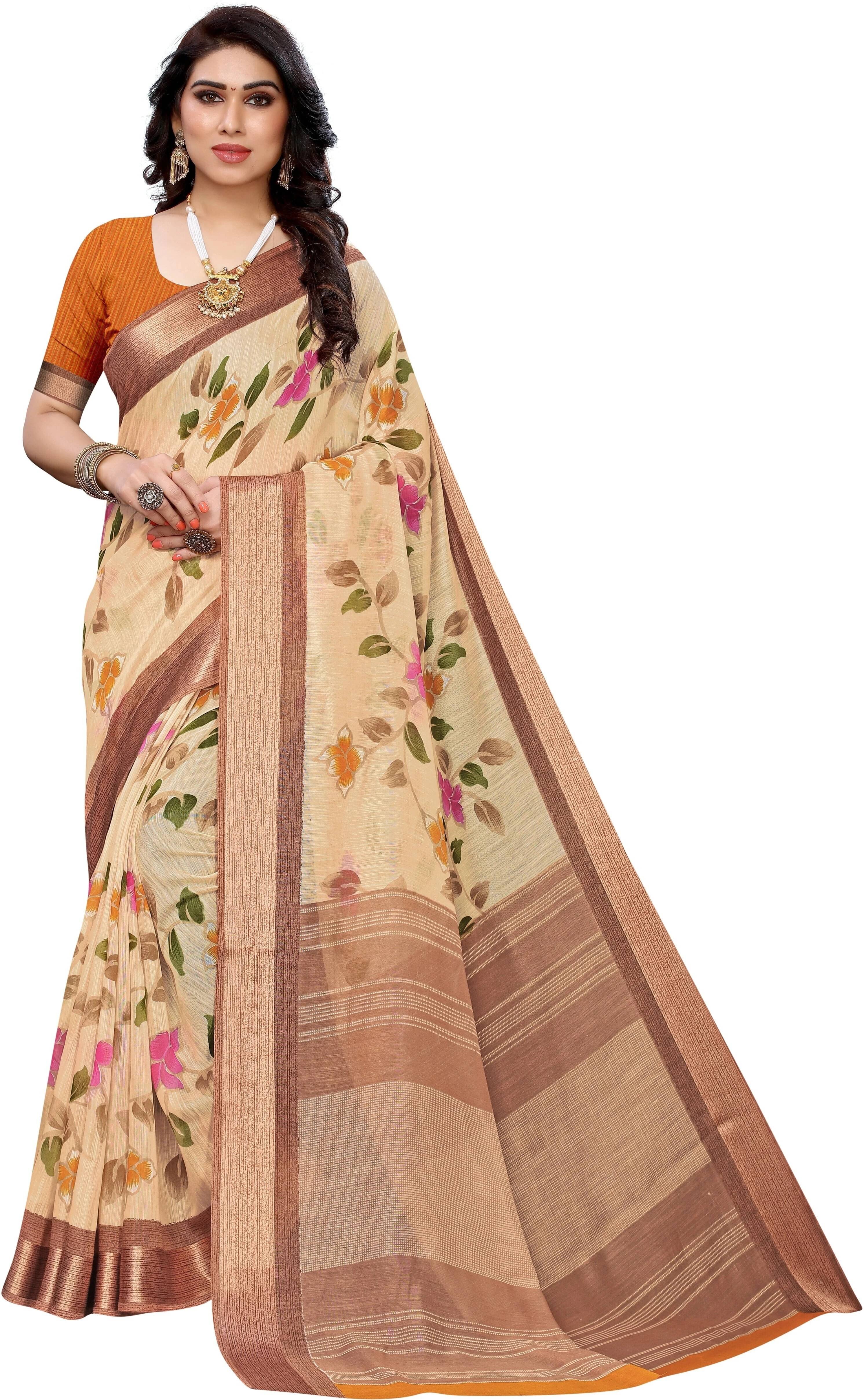 Yashika Cotton Silk Printed Regular Saree With Unstitched Blouse Piece ( Brown )     			Yashika Cotton Silk Printed Regular Saree With Unstitched Blouse Piece ( Brown )