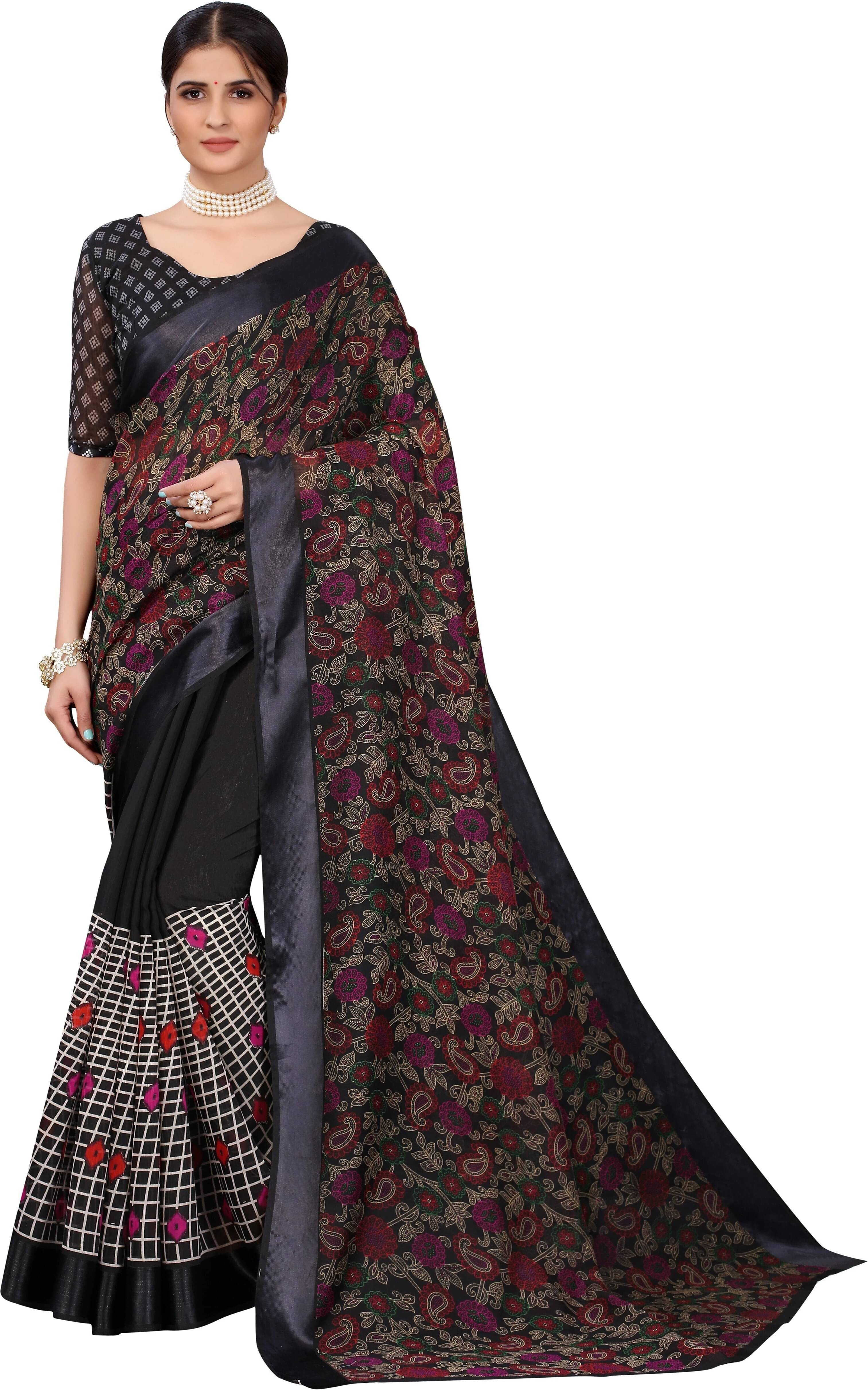 Yashika Cotton Silk Printed Regular Saree With Unstitched Blouse Piece ( Black ) Yashika Cotton Silk Printed Regular Saree With Unstitched Blouse Piece ( Black )