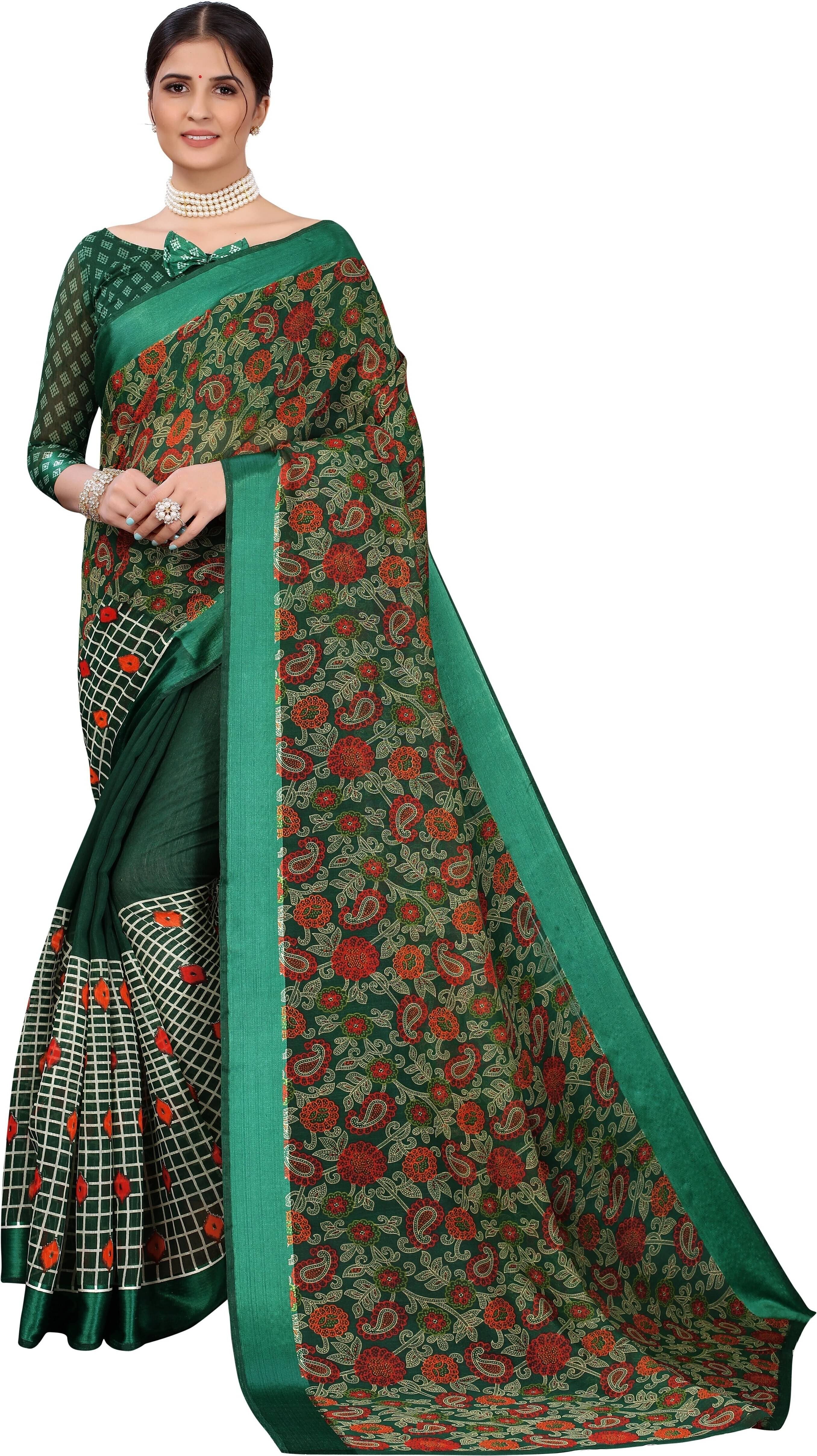     			Yashika Cotton Silk Printed Regular Saree With Unstitched Blouse Piece ( Green )