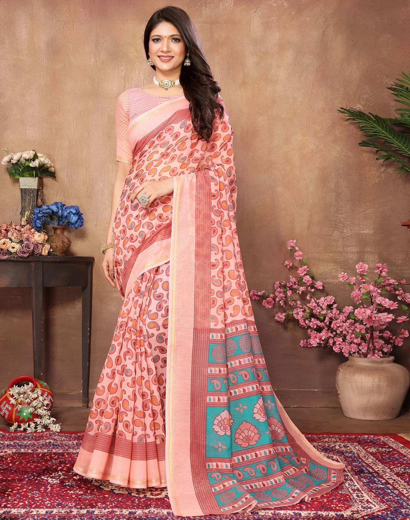     			Yashika Cotton Silk Printed Regular Saree With Unstitched Blouse Piece ( Pink )