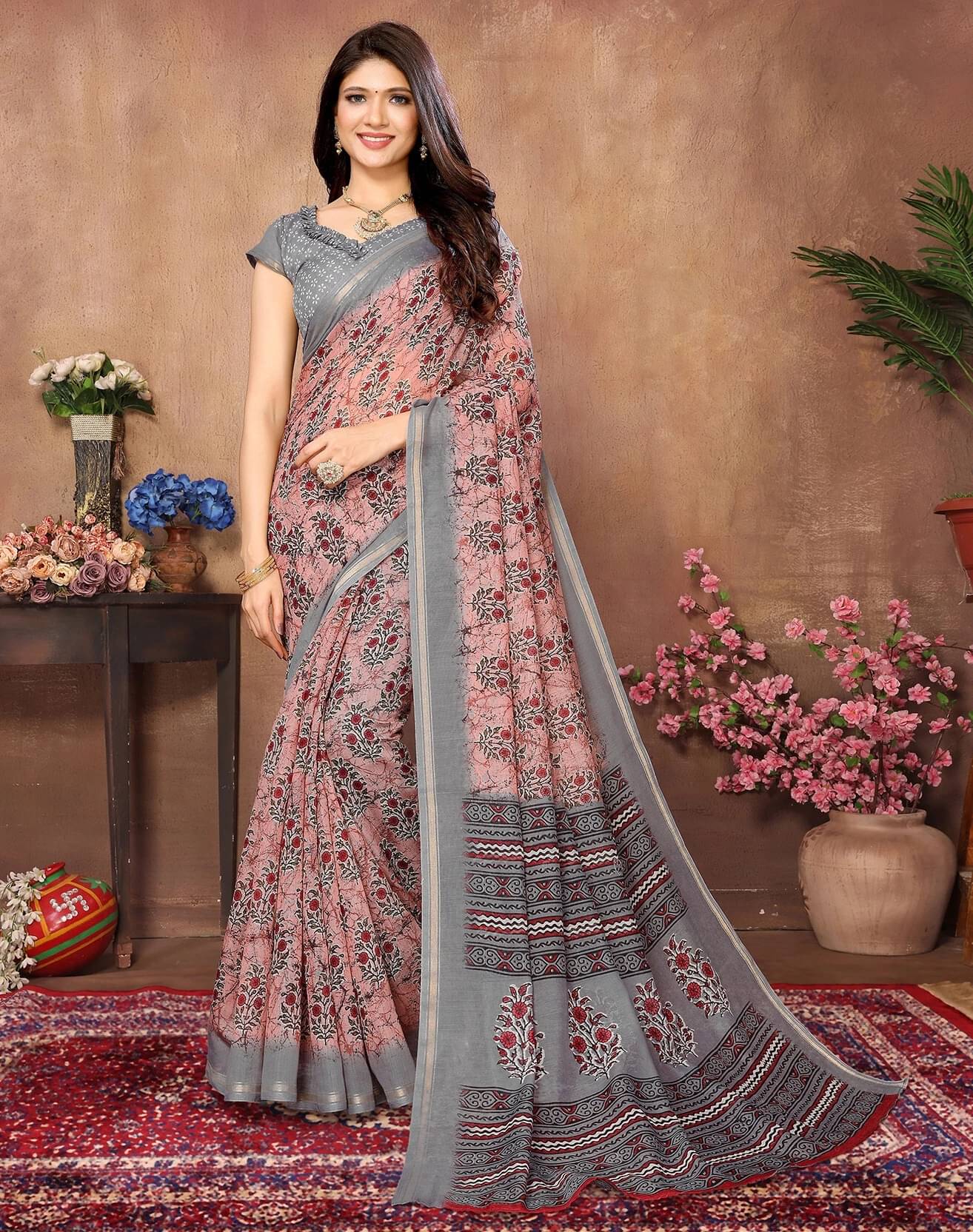     			Yashika Cotton Silk Printed Regular Saree With Unstitched Blouse Piece ( Pink )