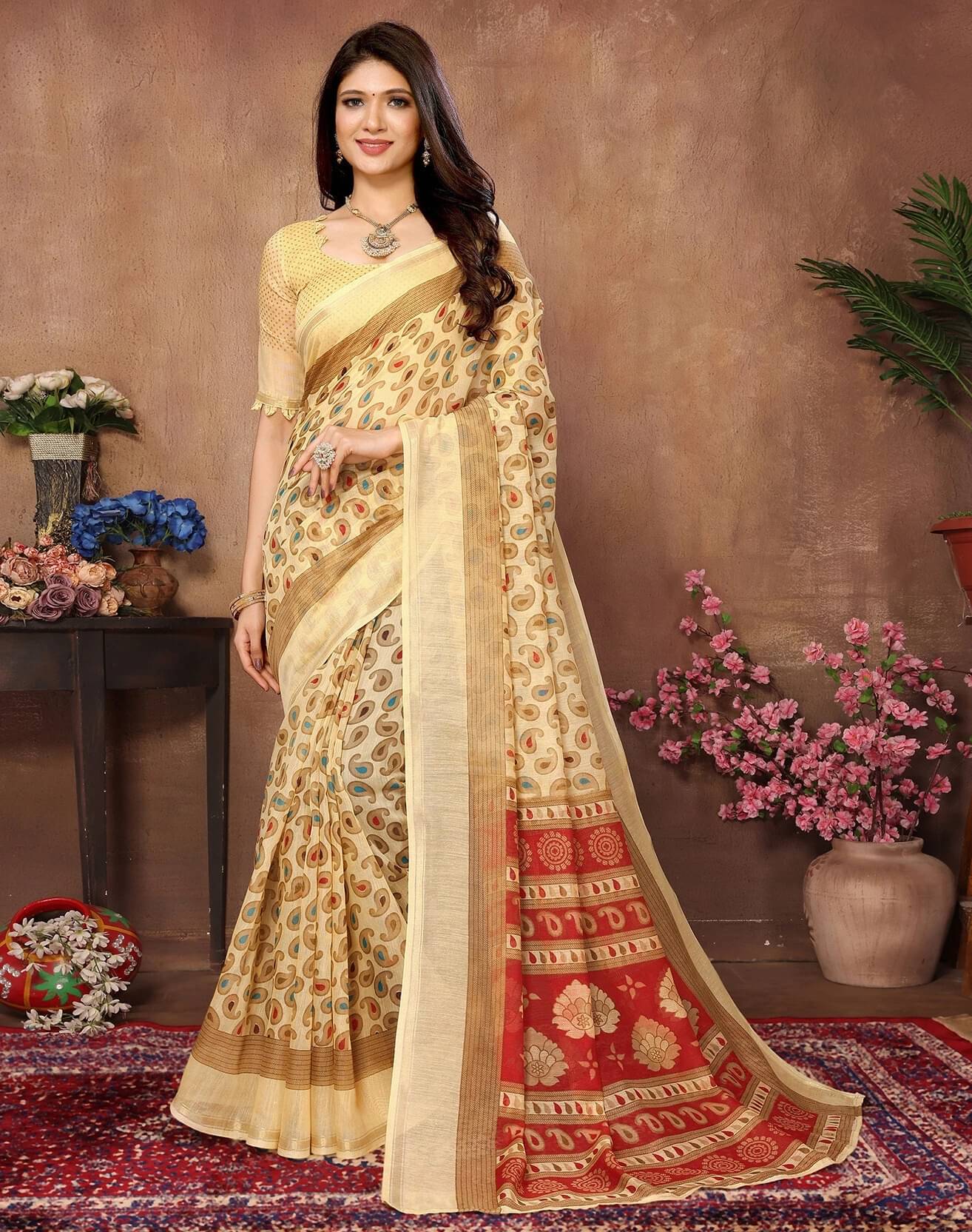     			Yashika Cotton Silk Printed Regular Saree With Unstitched Blouse Piece ( Yellow )