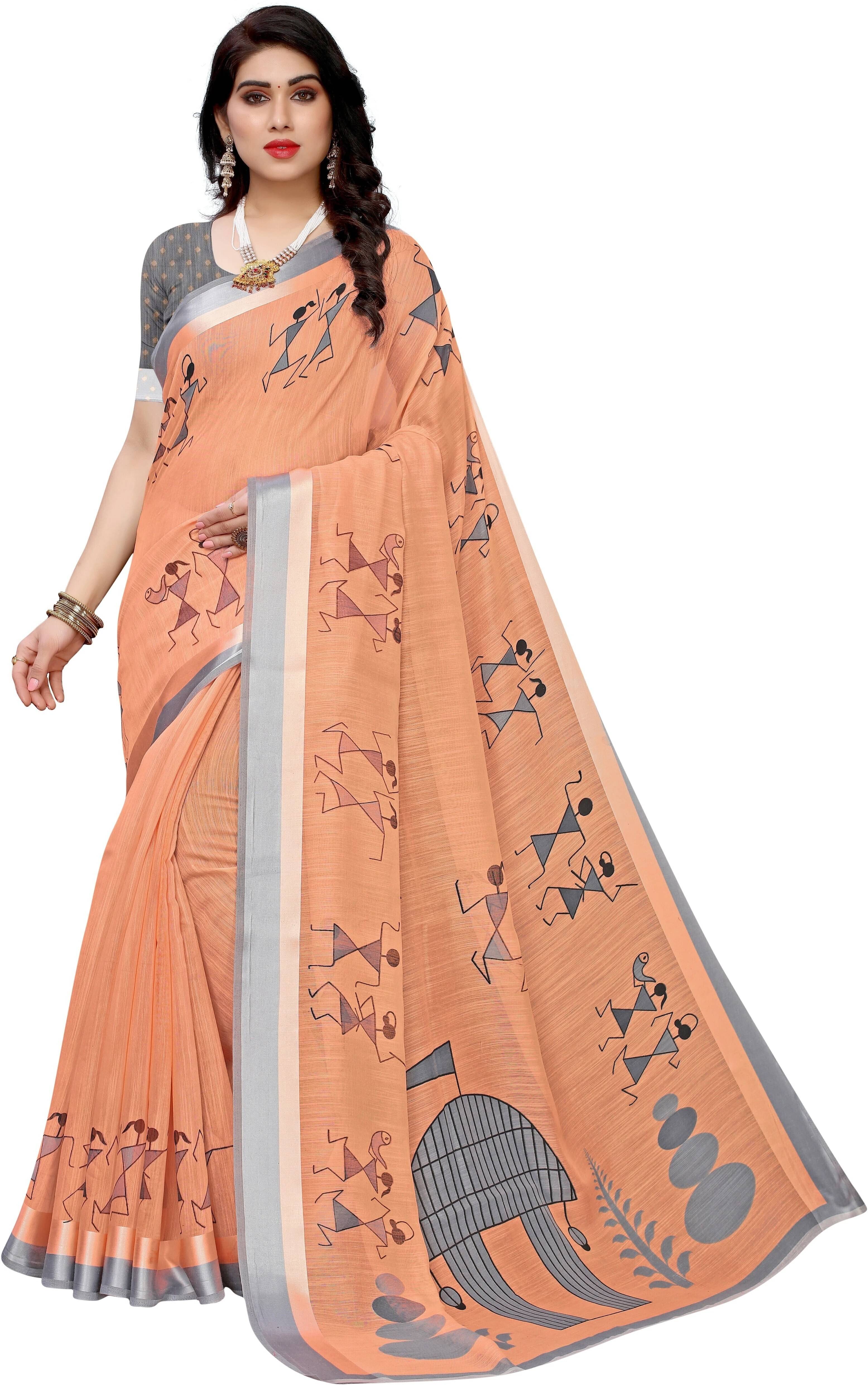     			Yashika Cotton Silk Printed Regular Saree With Unstitched Blouse Piece ( Orange )