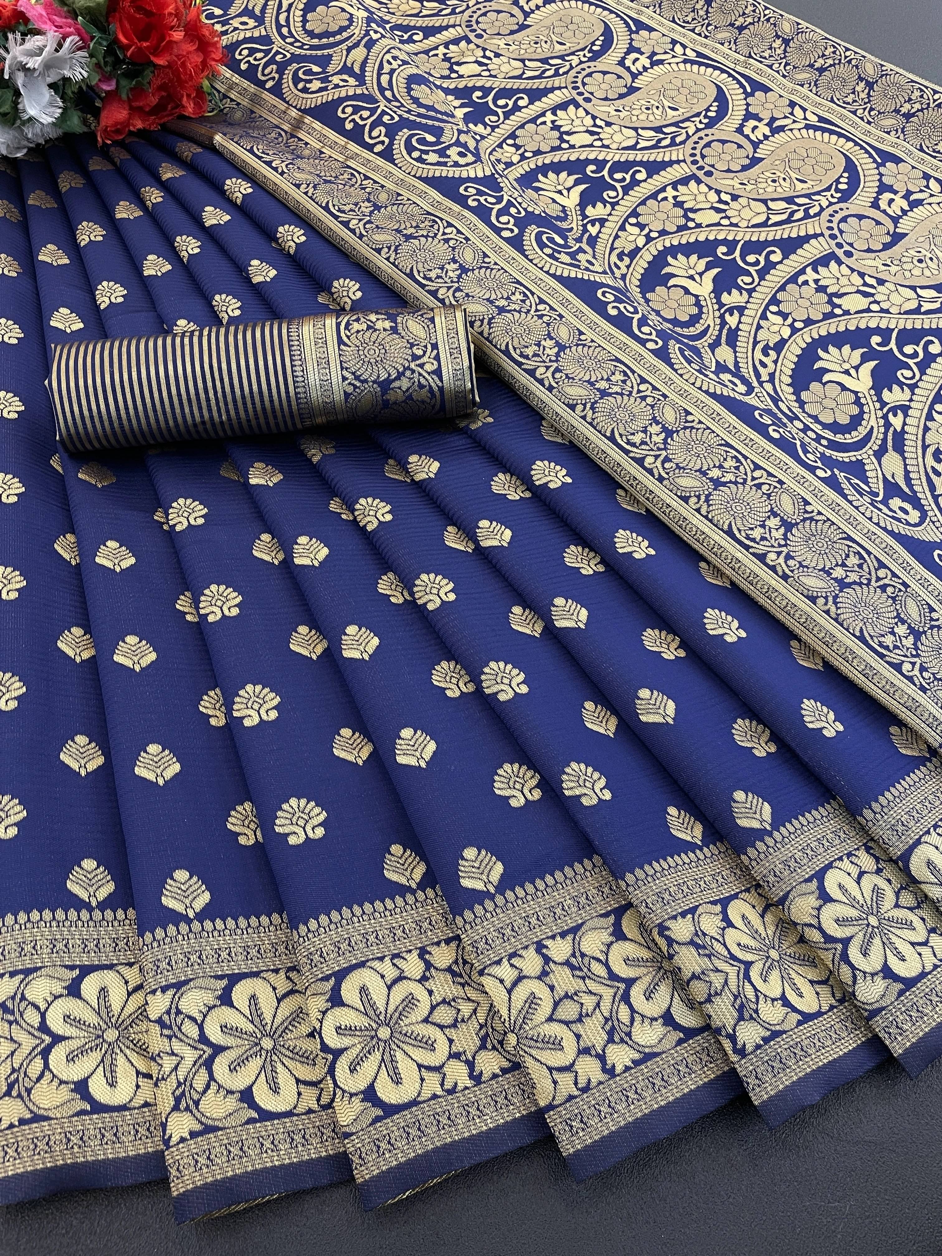     			Yashika Cotton Silk Woven Banarasi saree With Unstitched Blouse Piece ( Blue )