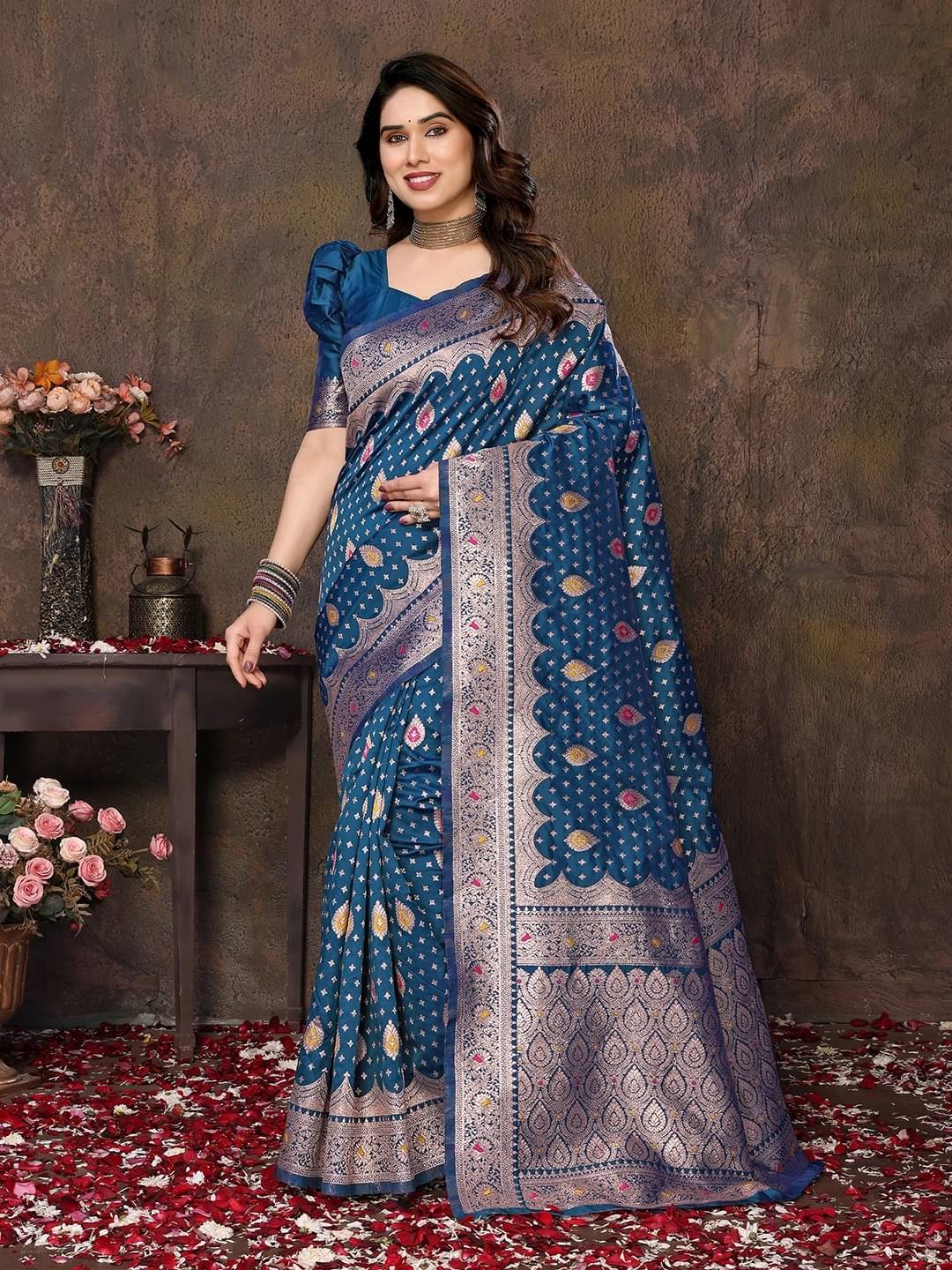     			Yashika Cotton Silk Woven Banarasi saree With Unstitched Blouse Piece ( Blue )