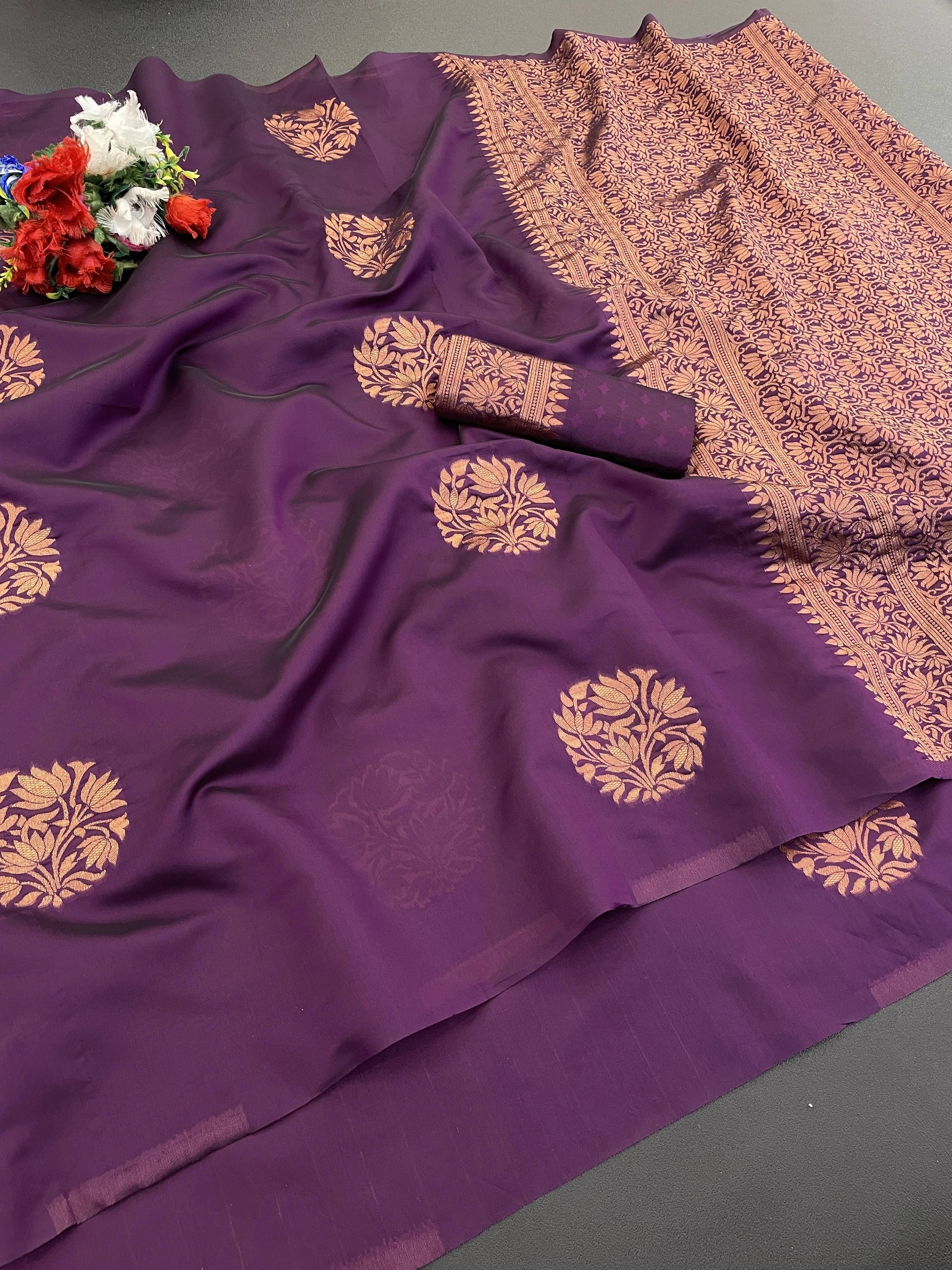 Yashika Cotton Silk Woven Banarasi saree With Unstitched Blouse Piece ( Purple ) Yashika Cotton Silk Woven Banarasi saree With Unstitched Blouse Piece ( Purple )