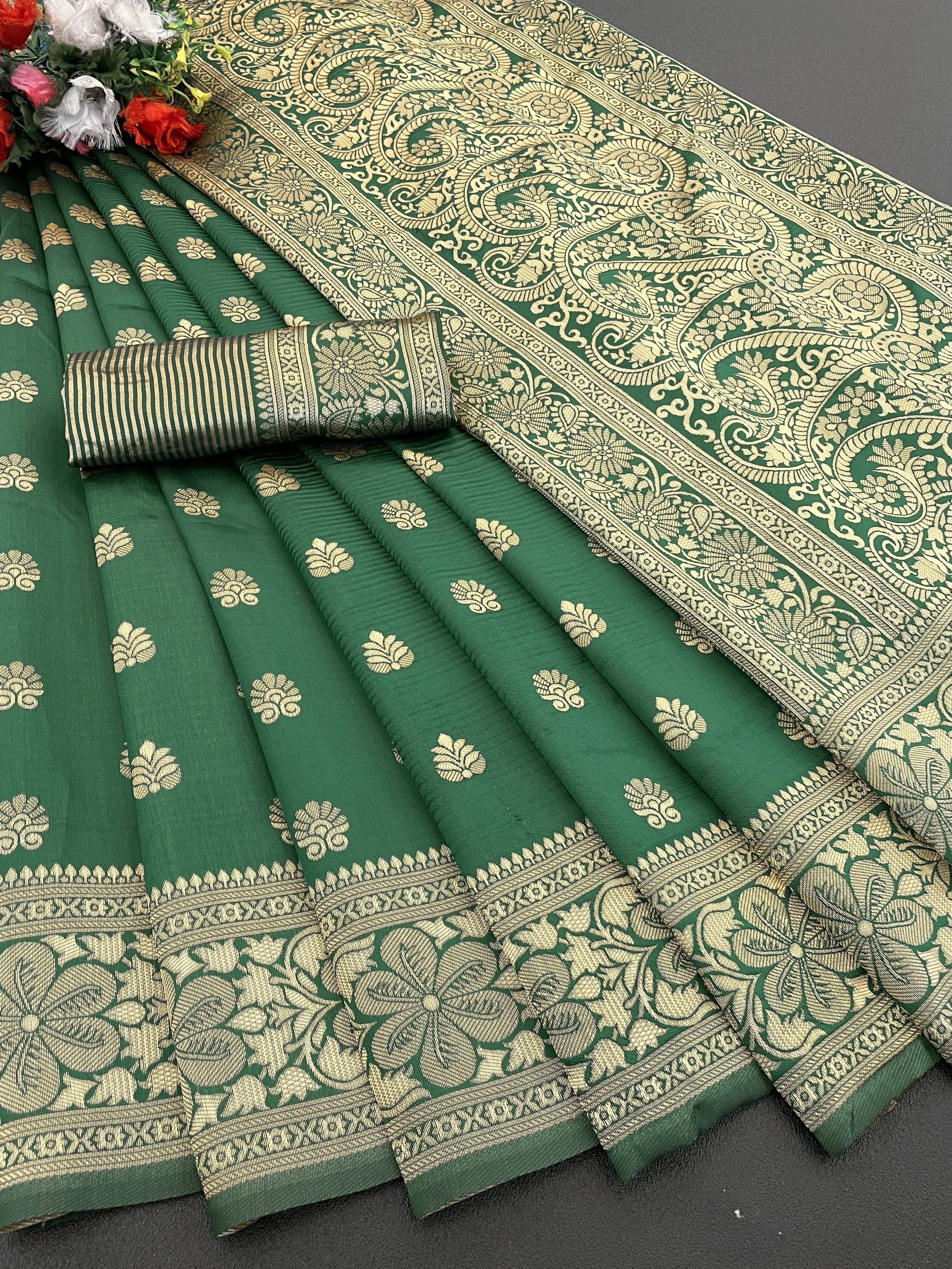     			Yashika Cotton Silk Woven Banarasi saree With Unstitched Blouse Piece ( Green )