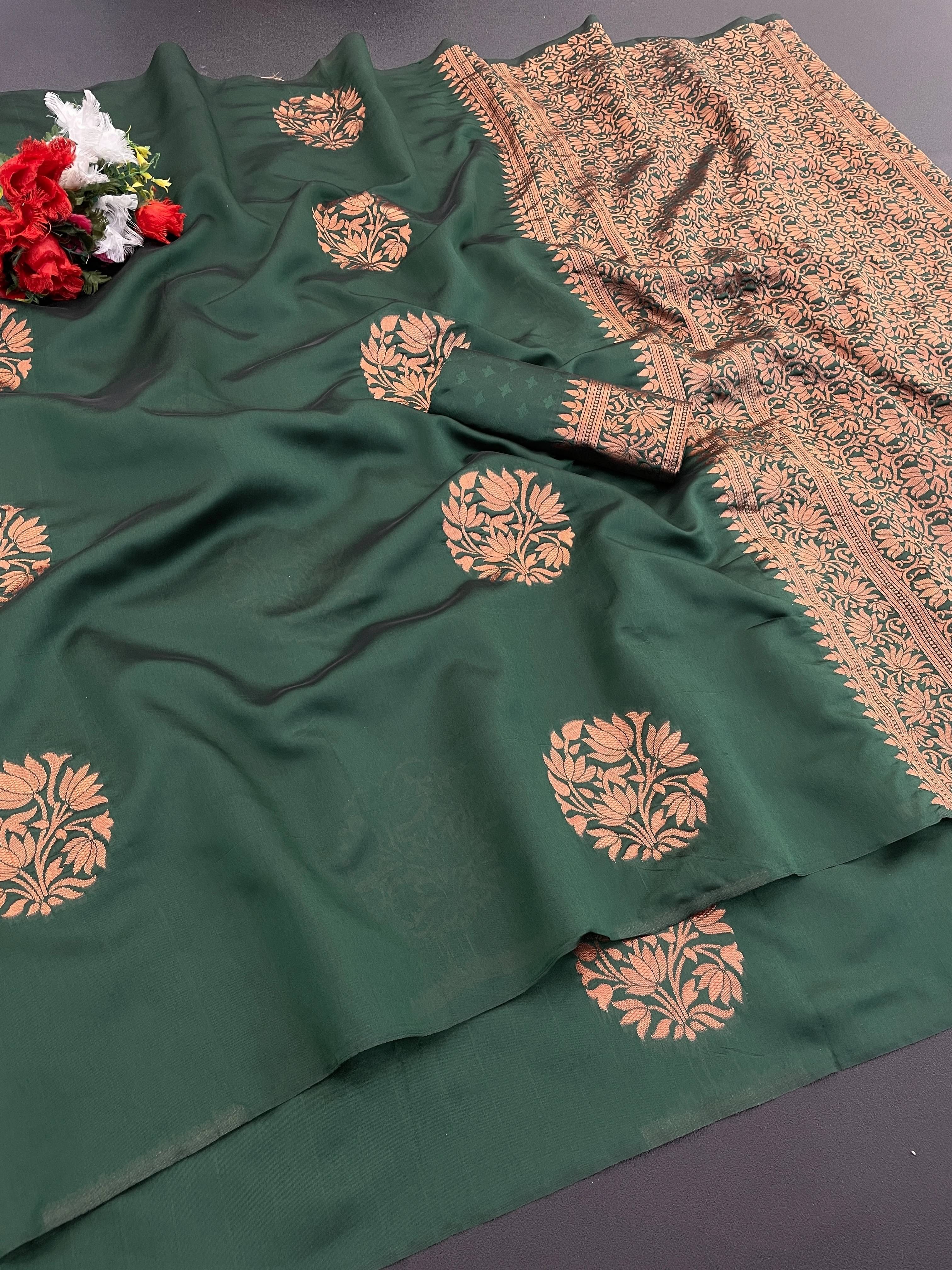     			Yashika Cotton Silk Woven Banarasi saree With Unstitched Blouse Piece ( Green )