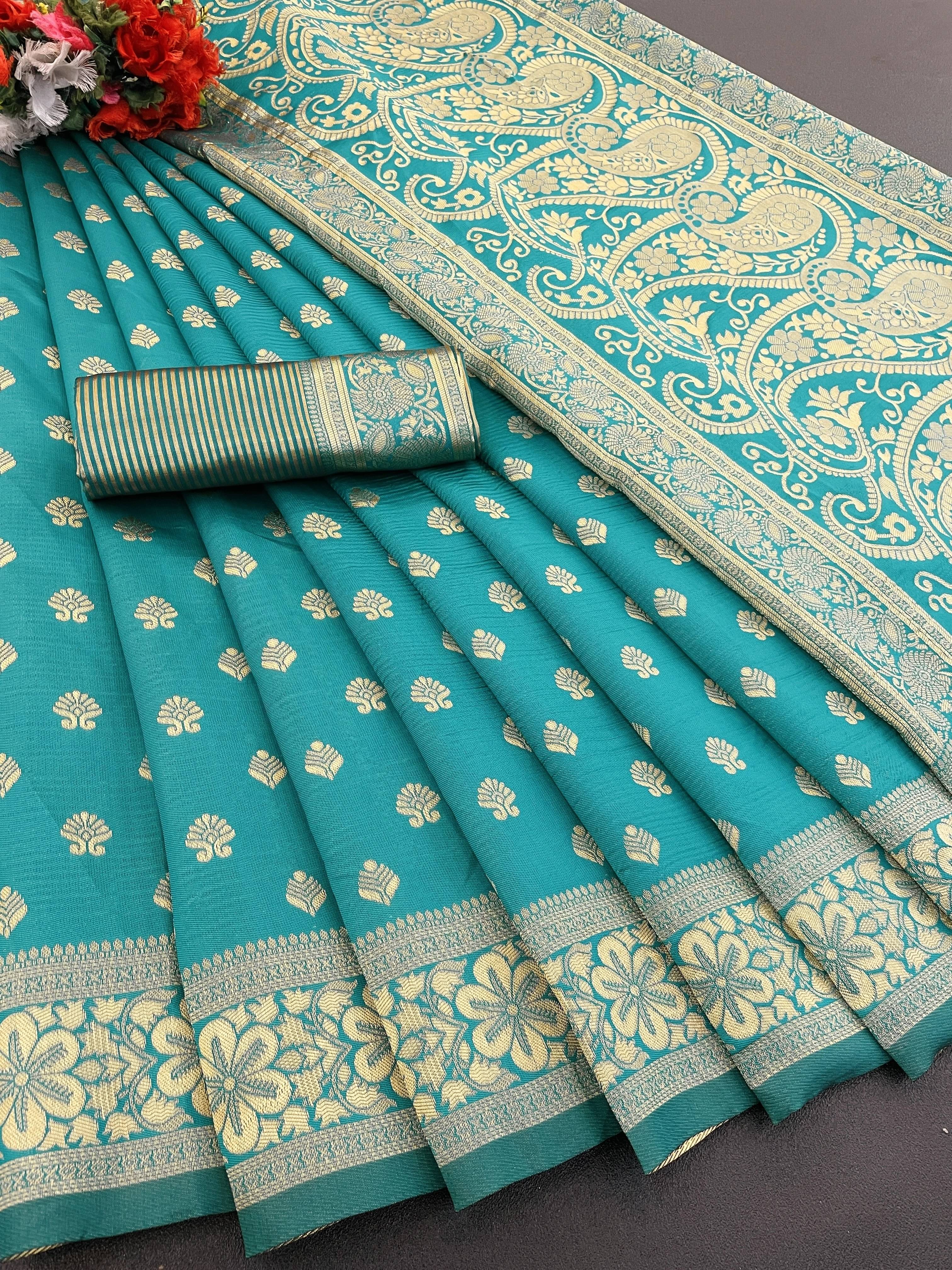     			Yashika Cotton Silk Woven Banarasi saree With Unstitched Blouse Piece ( Blue )