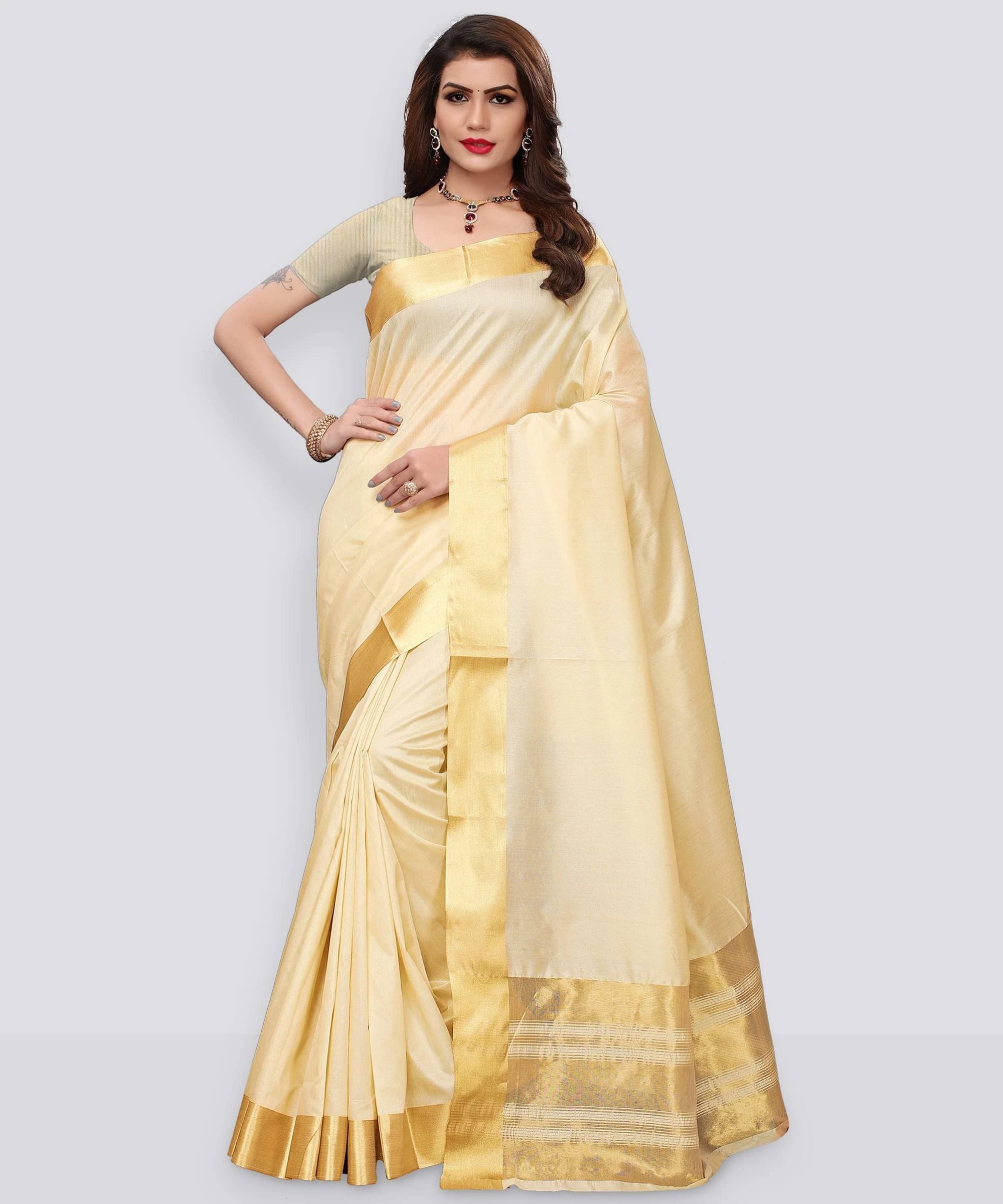     			Yashika Cotton Silk Woven Regular Saree With Unstitched Blouse Piece ( Cream )