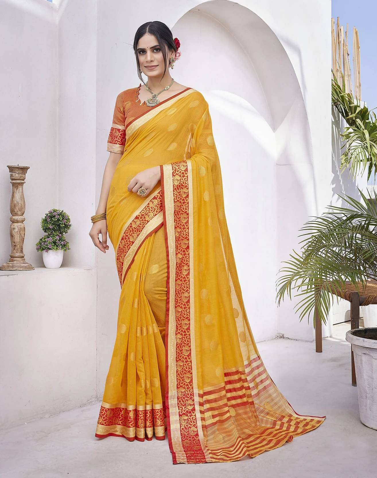     			Yashika Cotton Silk Woven Regular Saree With Unstitched Blouse Piece ( Yellow )
