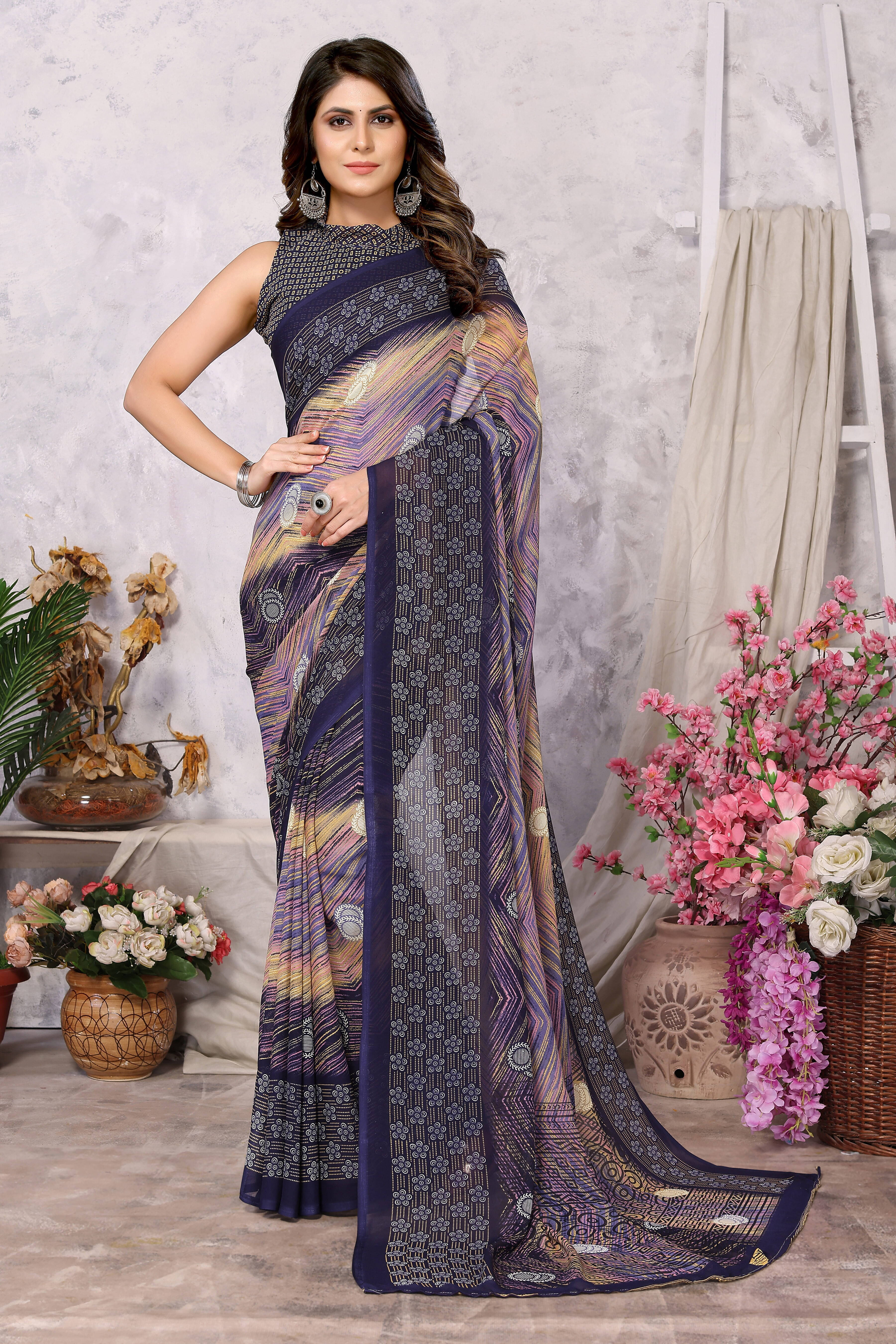 Yashika Georgette Dyed Regular Saree With Unstitched Blouse Piece ( Navy Blue ) Yashika Georgette Dyed Regular Saree With Unstitched Blouse Piece ( Navy Blue )