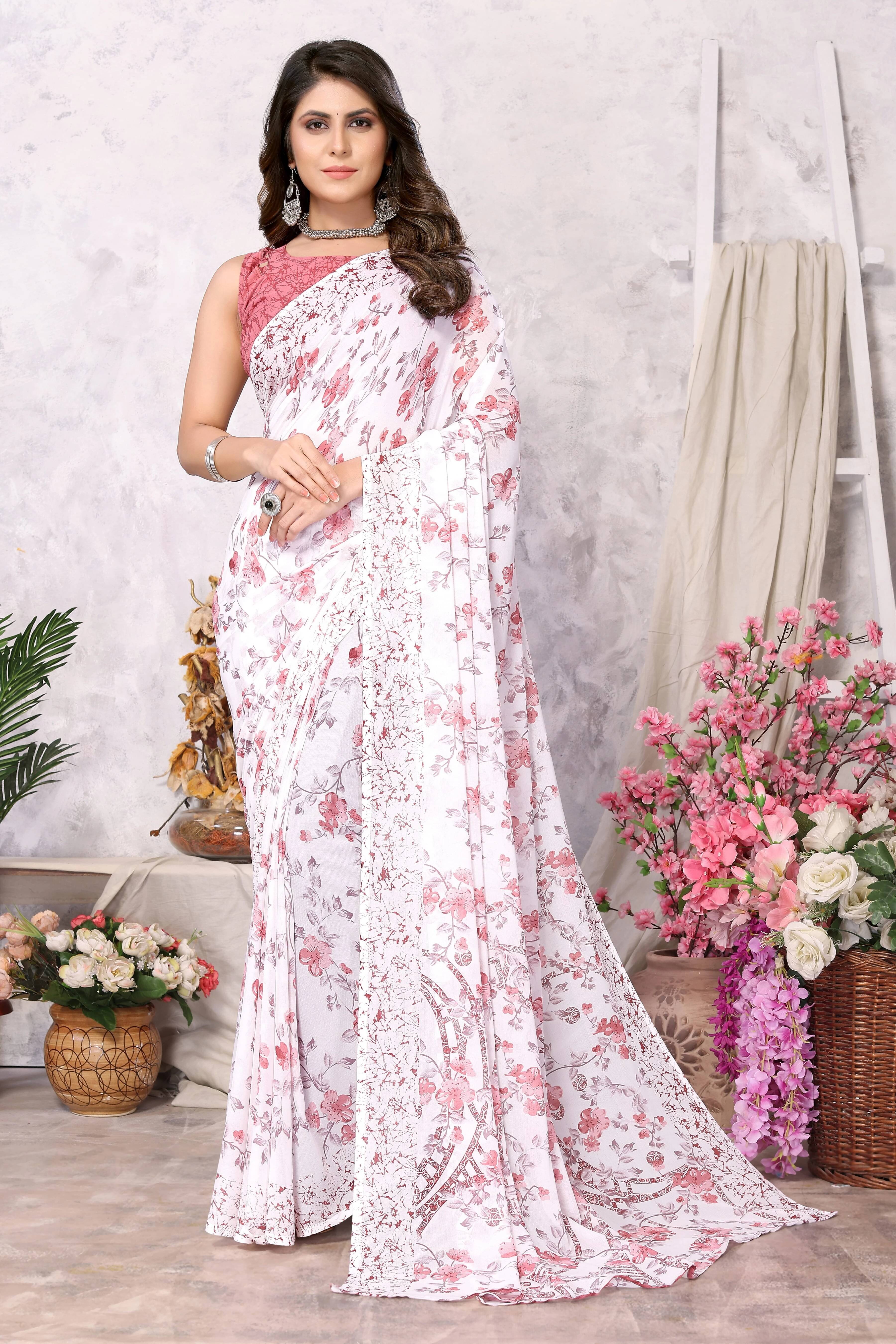 Yashika Georgette Dyed Regular Saree With Unstitched Blouse Piece ( Pink )     			Yashika Georgette Dyed Regular Saree With Unstitched Blouse Piece ( Pink )