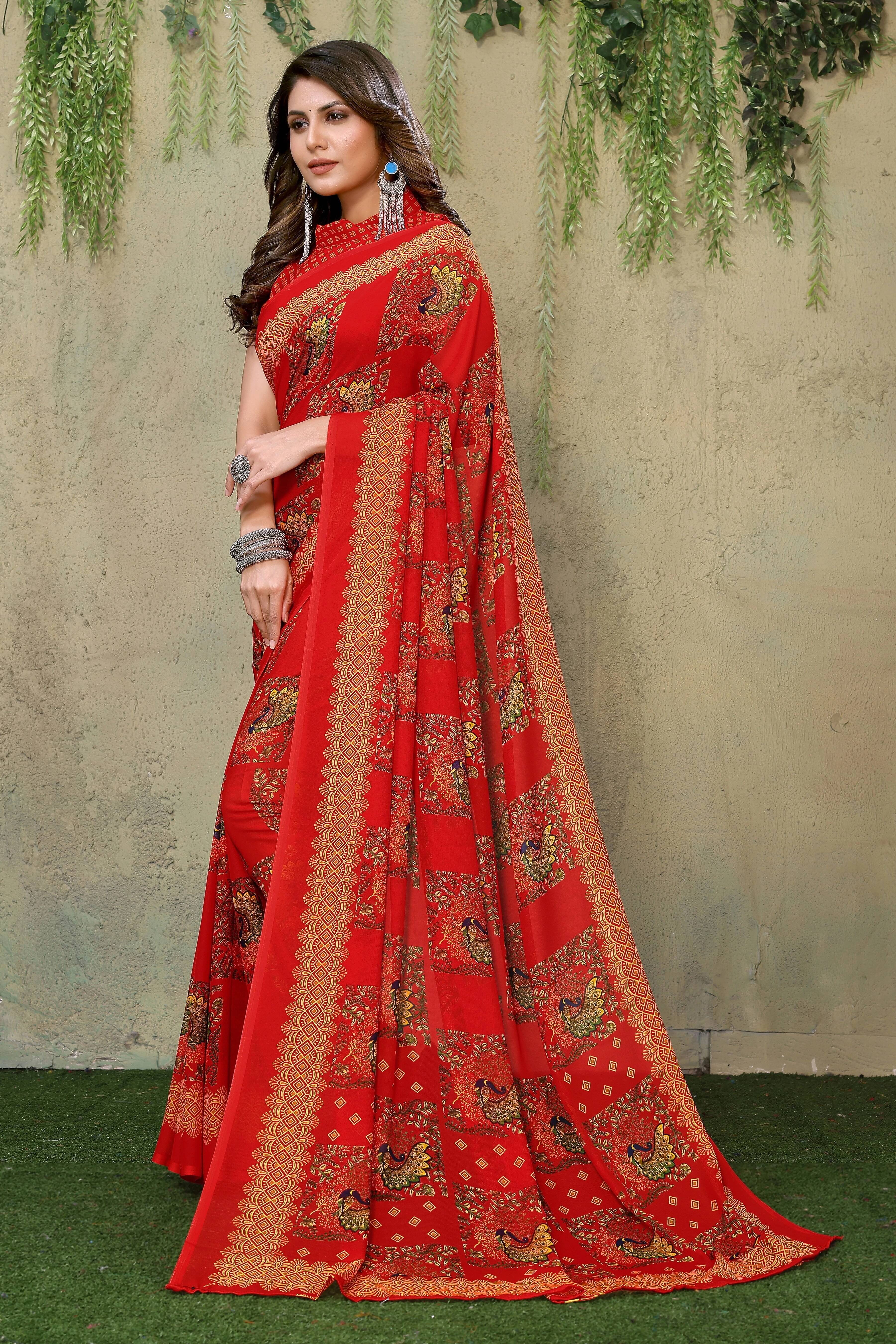 Yashika Georgette Dyed Regular Saree With Unstitched Blouse Piece ( Red ) Yashika Georgette Dyed Regular Saree With Unstitched Blouse Piece ( Red )