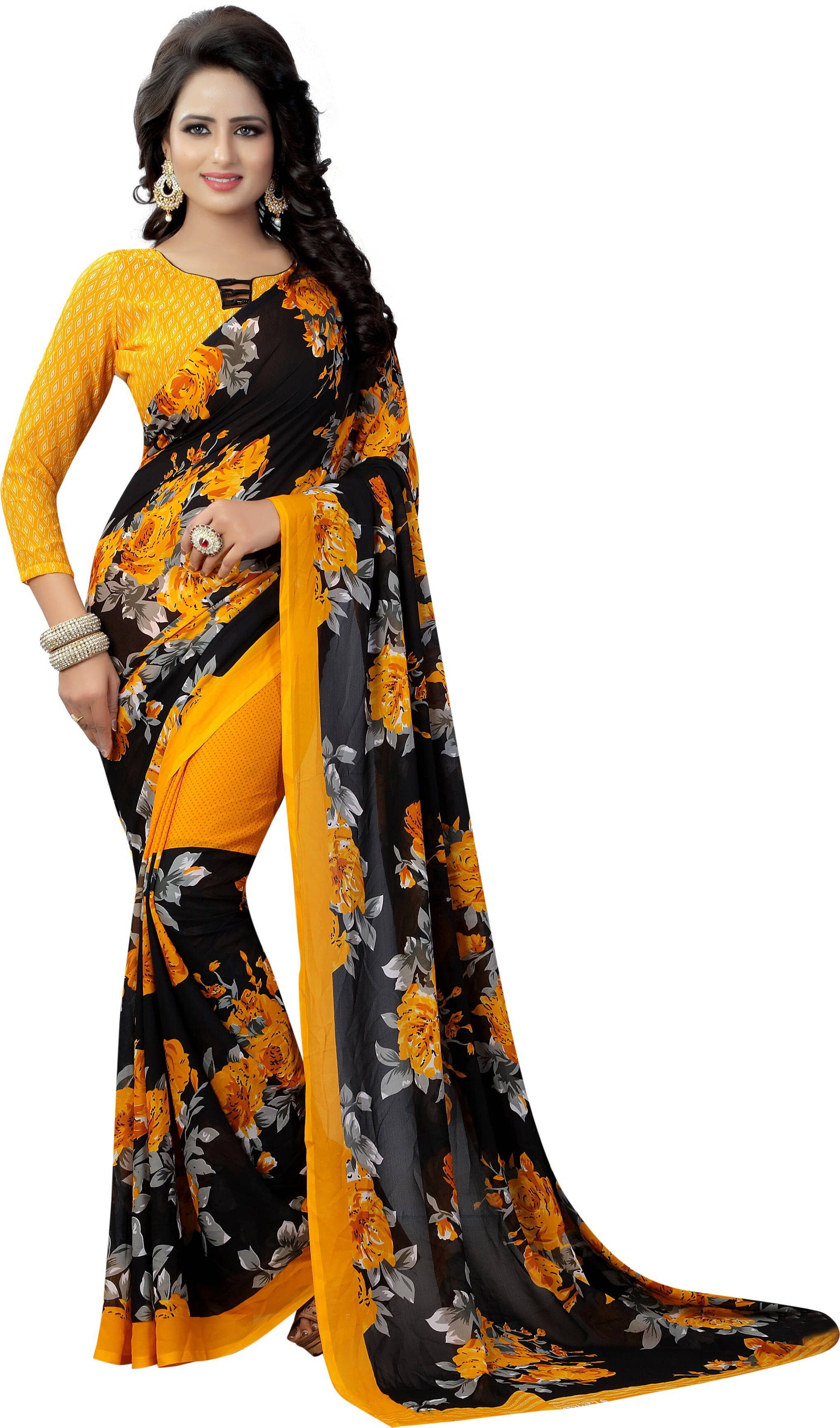 Yashika Georgette Dyed Regular Saree With Unstitched Blouse Piece ( Multicolor ) Yashika Georgette Dyed Regular Saree With Unstitched Blouse Piece ( Multicolor )