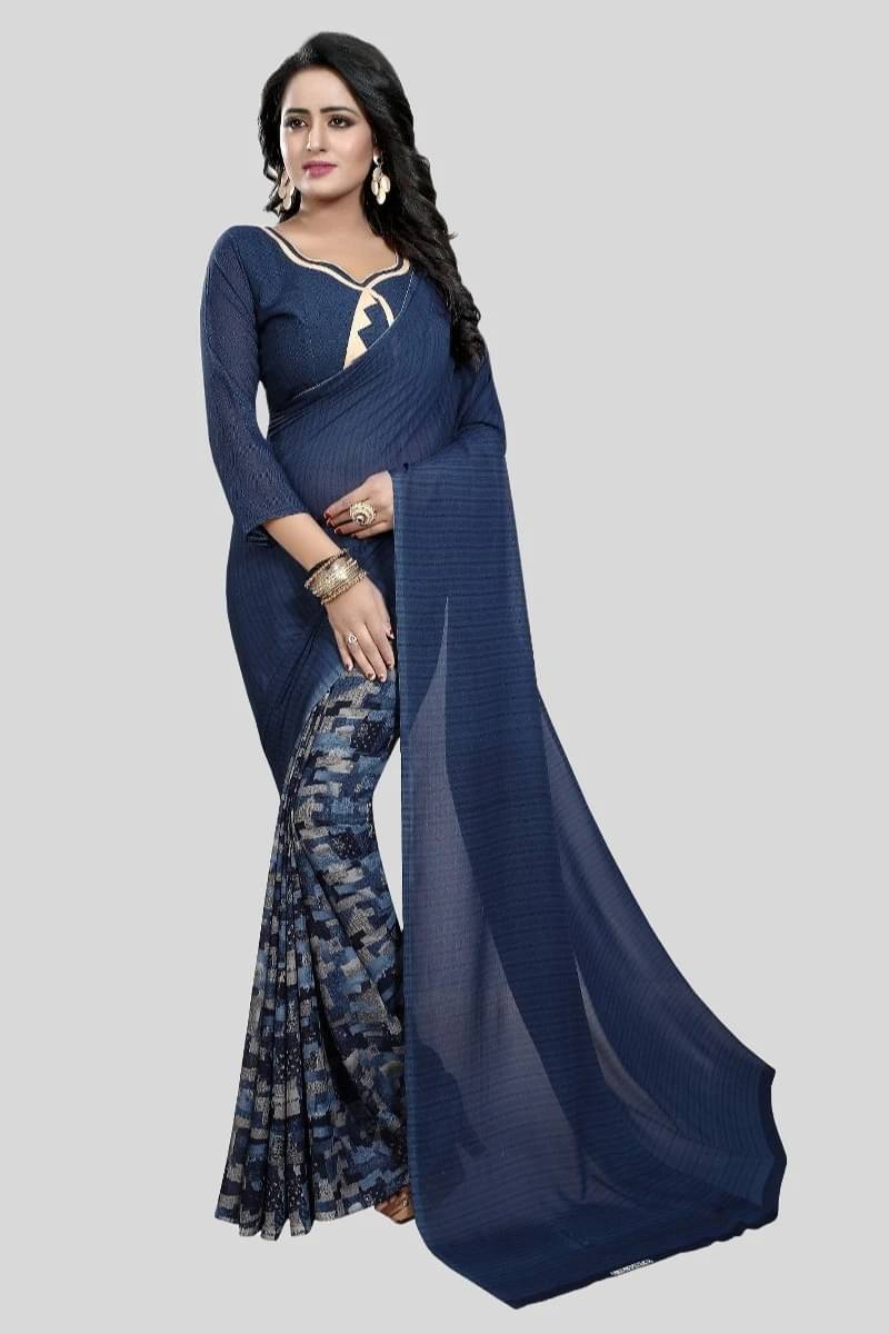Yashika Georgette Dyed Regular Saree With Unstitched Blouse Piece ( Blue ) Yashika Georgette Dyed Regular Saree With Unstitched Blouse Piece ( Blue )