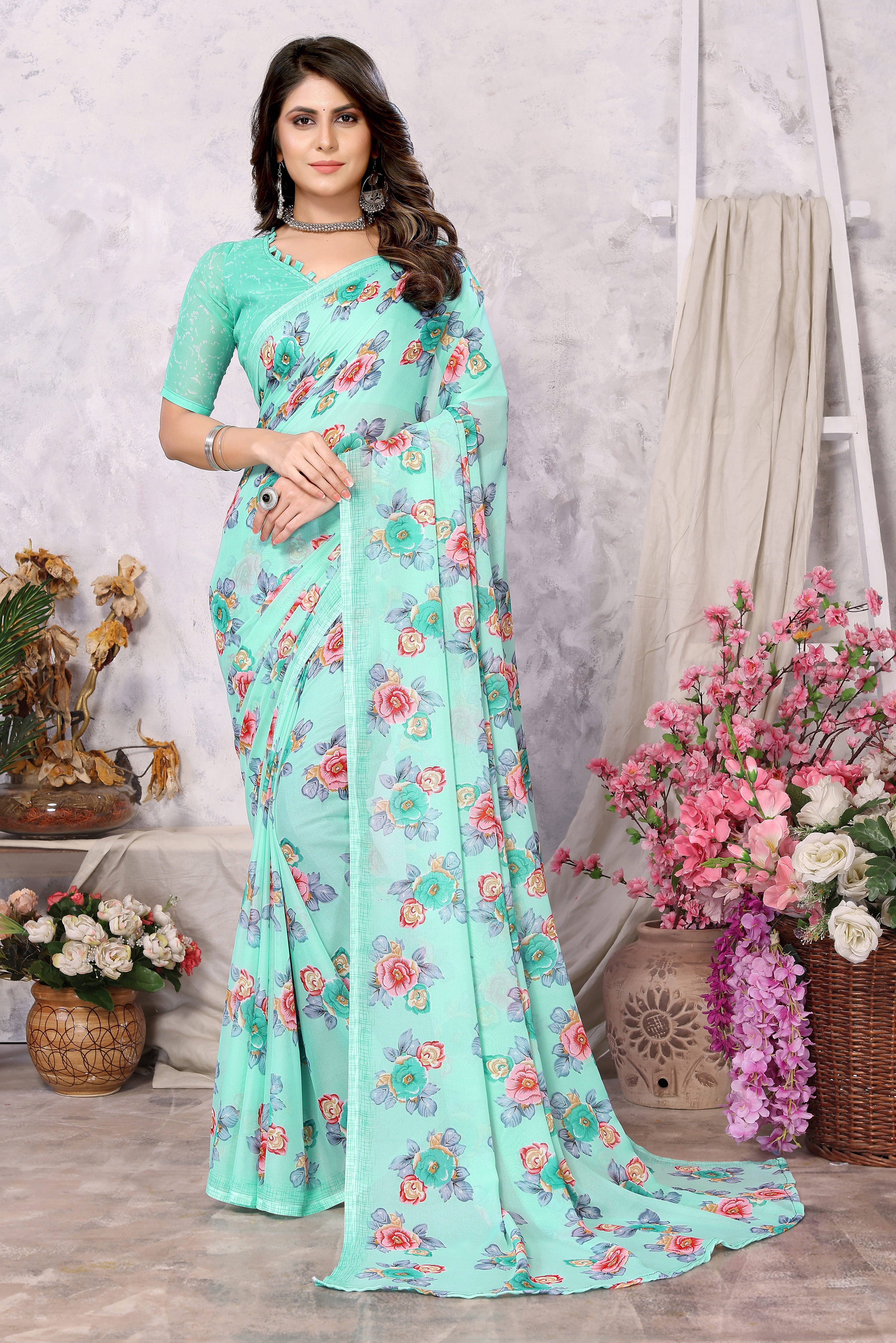 Yashika Georgette Dyed Regular Saree With Unstitched Blouse Piece ( Green ) Yashika Georgette Dyed Regular Saree With Unstitched Blouse Piece ( Green )