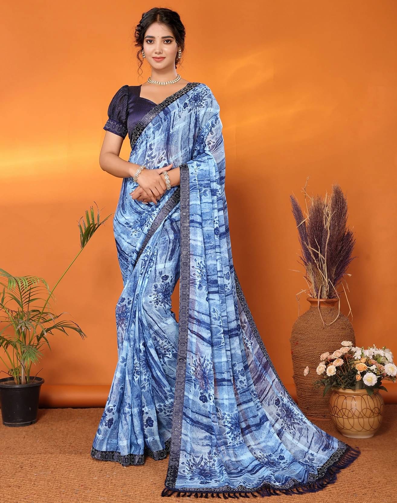 Yashika Georgette Embellished Regular Saree With Unstitched Blouse Piece ( Blue ) Yashika Georgette Embellished Regular Saree With Unstitched Blouse Piece ( Blue )