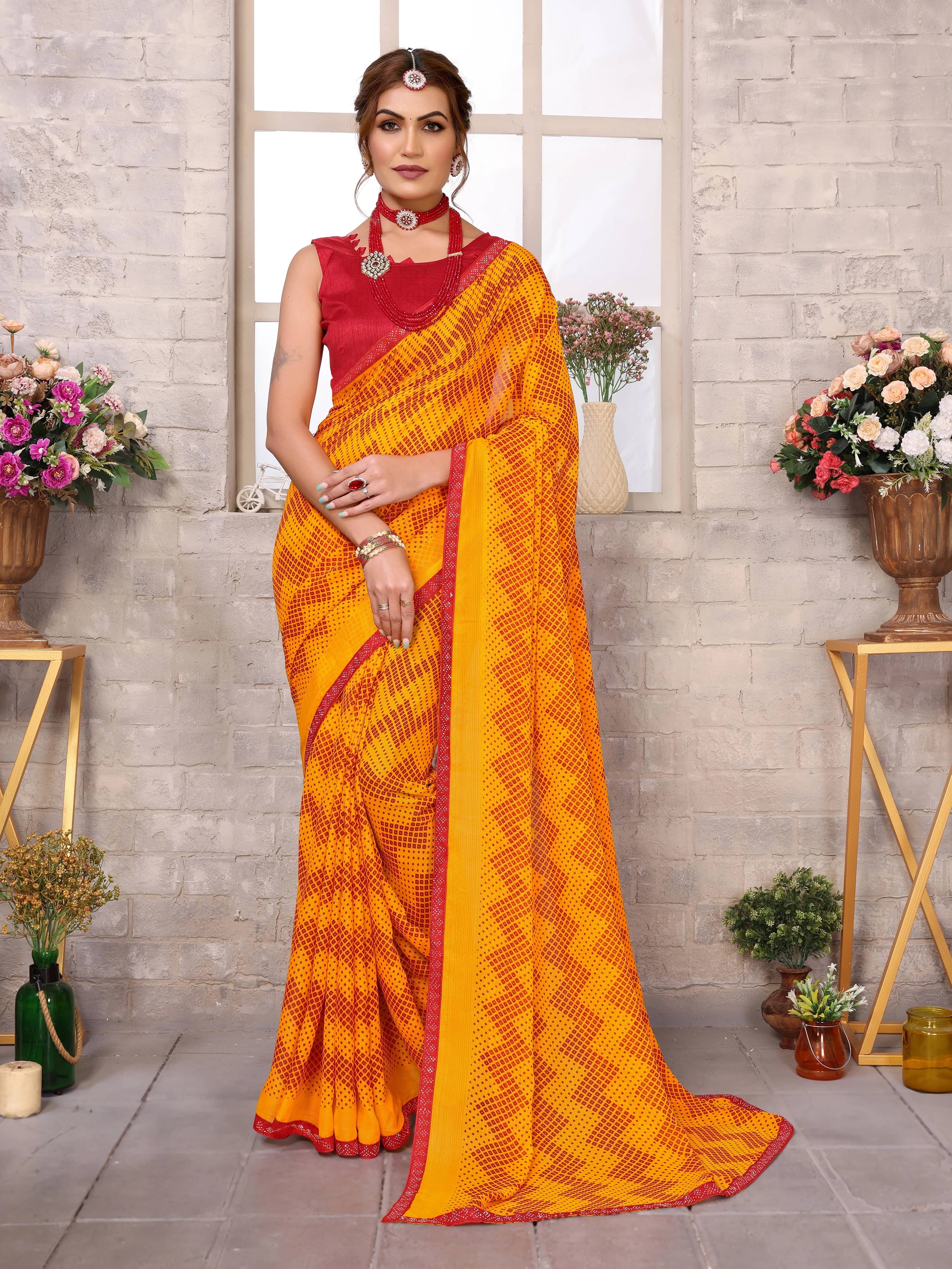 Yashika Georgette Embellished Regular Saree With Unstitched Blouse Piece ( Yellow )     			Yashika Georgette Embellished Regular Saree With Unstitched Blouse Piece ( Yellow )