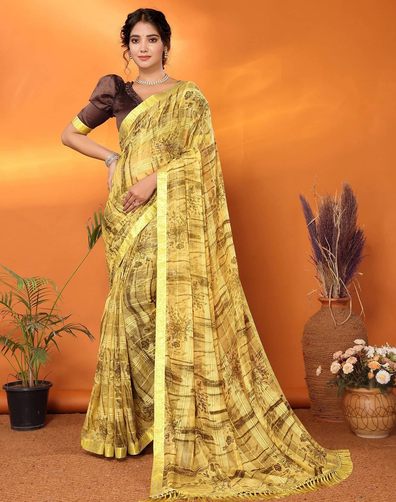     			Yashika Georgette Embellished Regular Saree With Unstitched Blouse Piece ( Yellow )