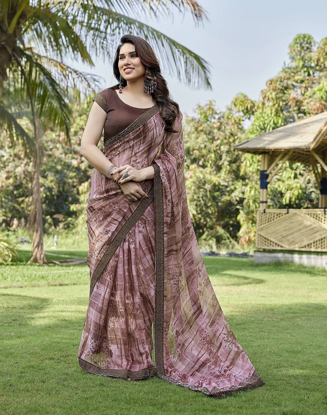 Yashika Georgette Embellished Regular Saree With Unstitched Blouse Piece ( Brown ) Yashika Georgette Embellished Regular Saree With Unstitched Blouse Piece ( Brown )