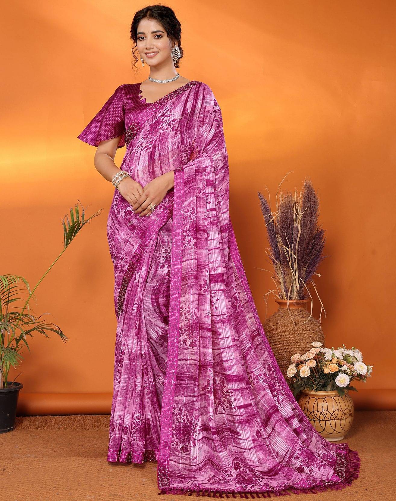     			Yashika Georgette Embellished Regular Saree With Unstitched Blouse Piece ( Purple )