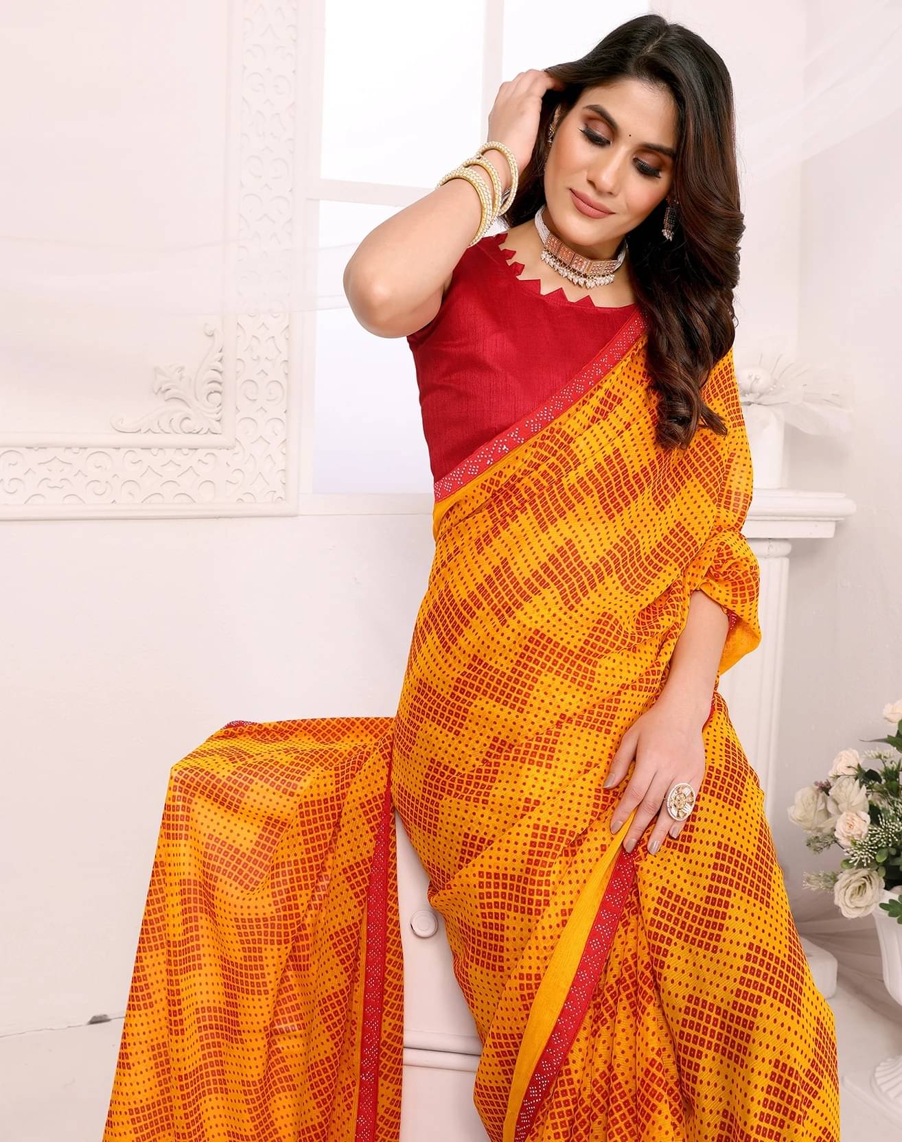     			Yashika Georgette Embellished Regular Saree With Unstitched Blouse Piece ( Yellow )