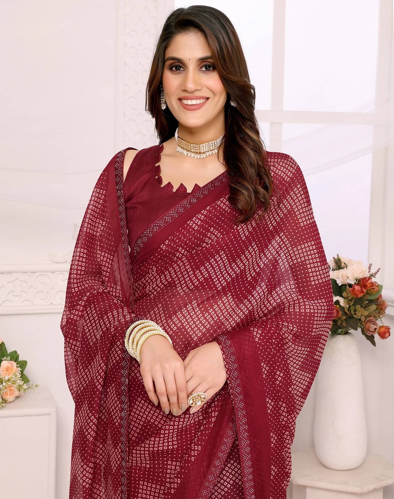 Yashika Georgette Embellished Regular Saree With Unstitched Blouse Piece ( Maroon )     			Yashika Georgette Embellished Regular Saree With Unstitched Blouse Piece ( Maroon )