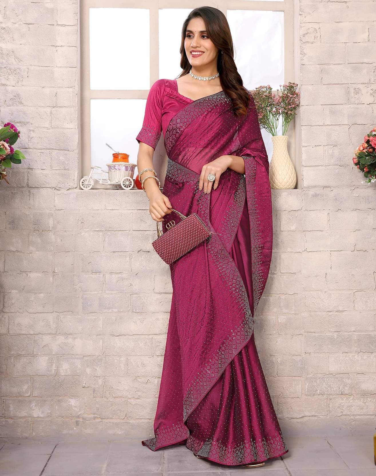     			Yashika Georgette Embellished Regular Saree With Unstitched Blouse Piece ( Purple )