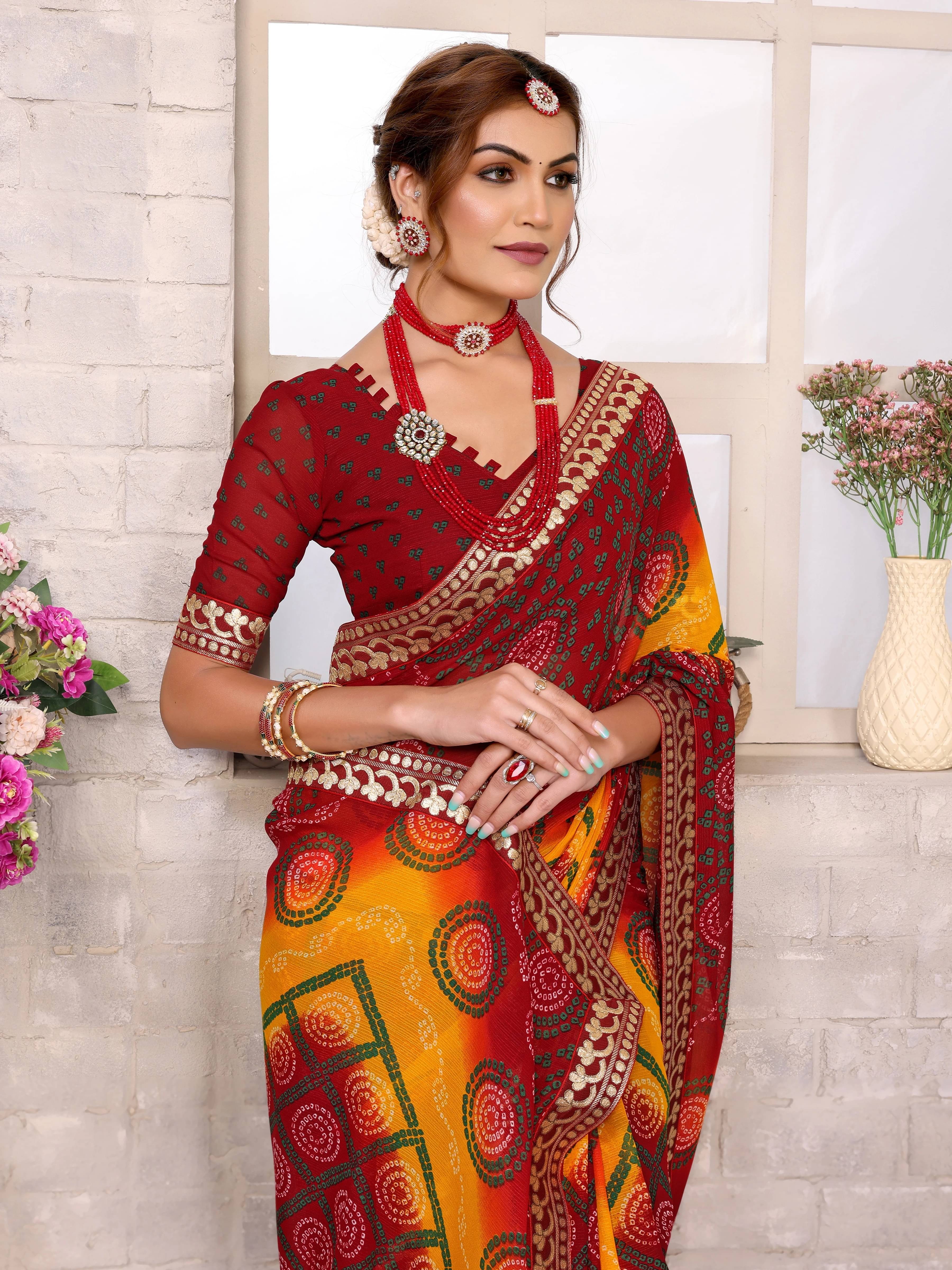     			Yashika Georgette Printed Bandhani Sarees With Unstitched Blouse Piece ( Maroon )
