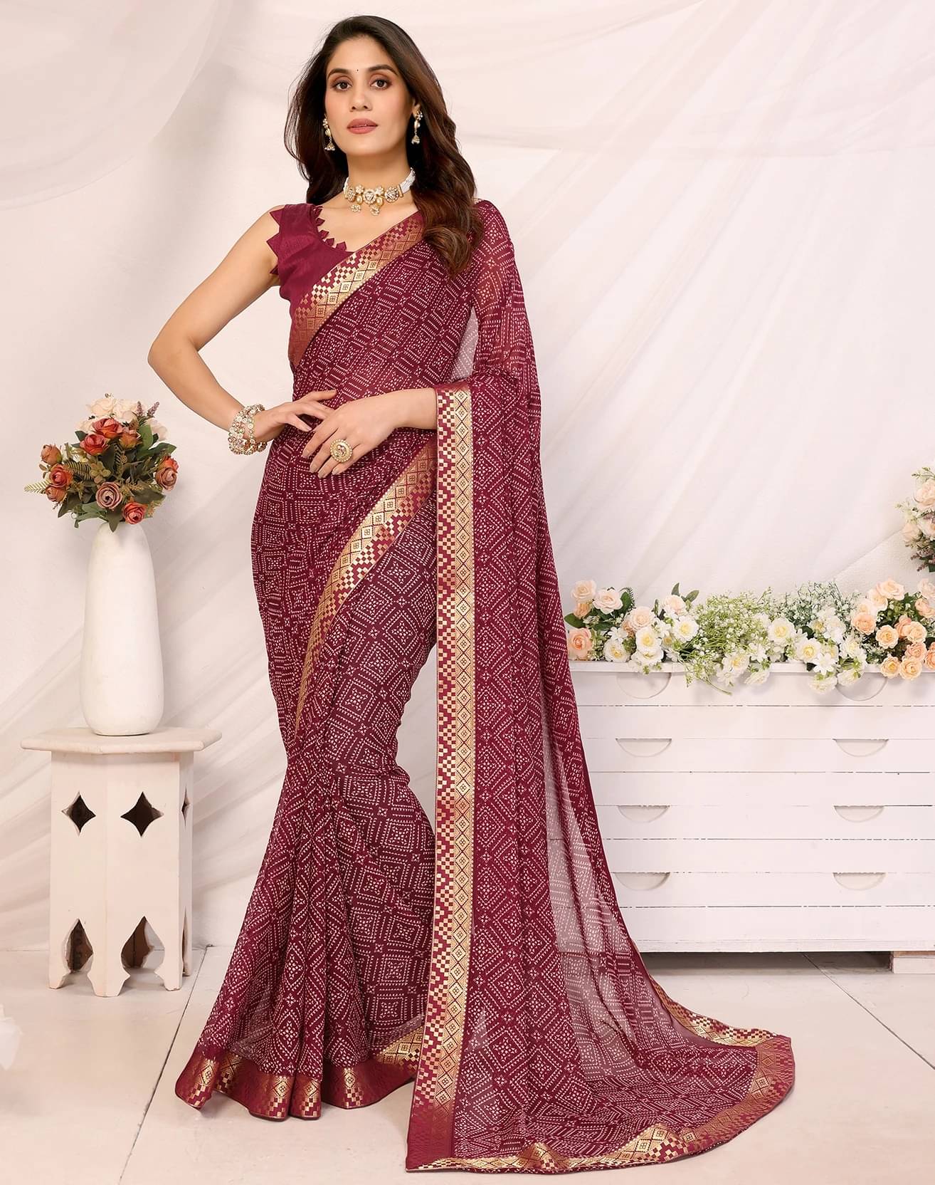 Yashika Georgette Printed Bandhani Sarees With Unstitched Blouse Piece ( Maroon ) Yashika Georgette Printed Bandhani Sarees With Unstitched Blouse Piece ( Maroon )