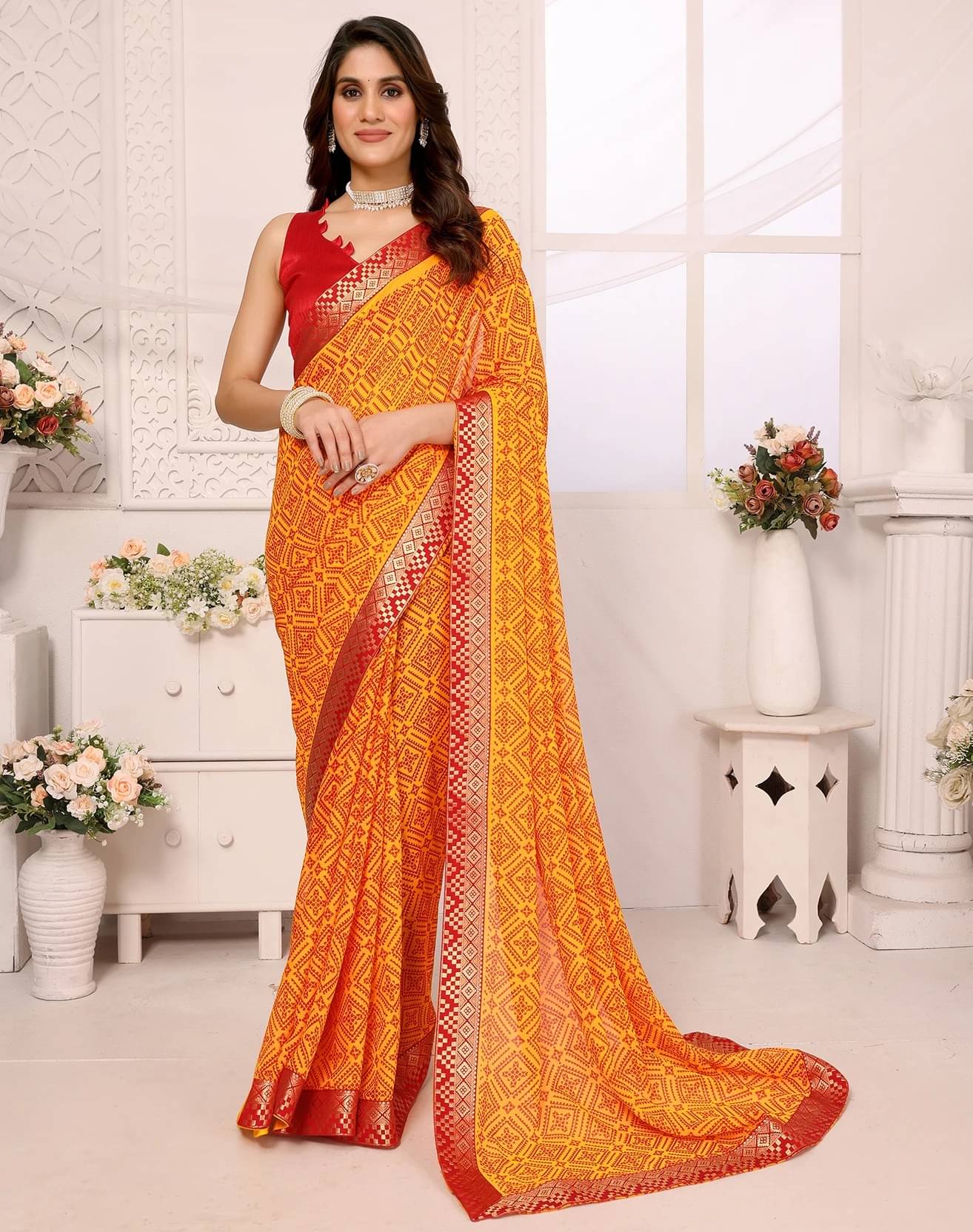     			Yashika Georgette Printed Bandhani Sarees With Unstitched Blouse Piece ( Yellow )