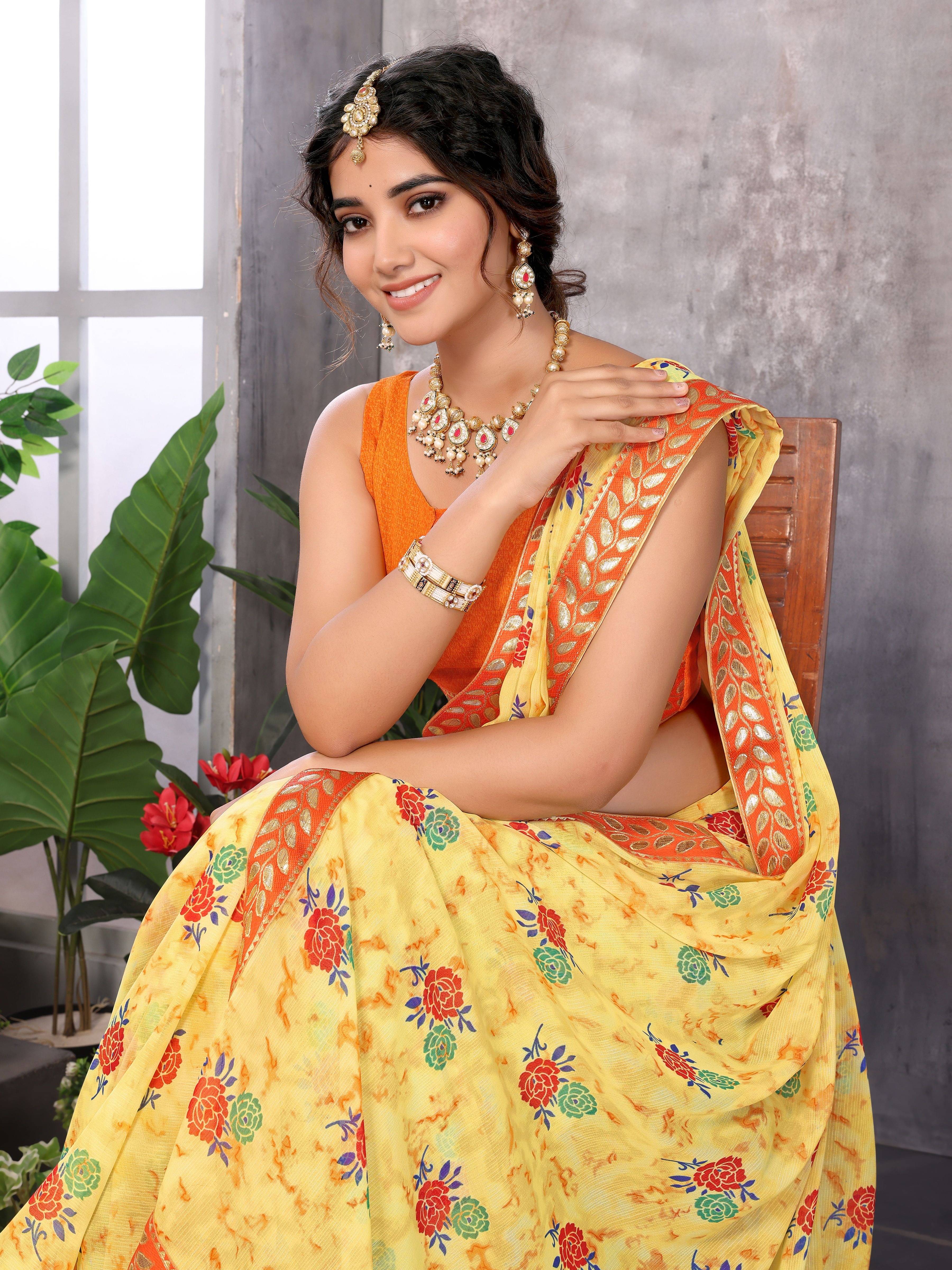     			Yashika Georgette Printed Bandhani Sarees With Unstitched Blouse Piece ( Yellow )