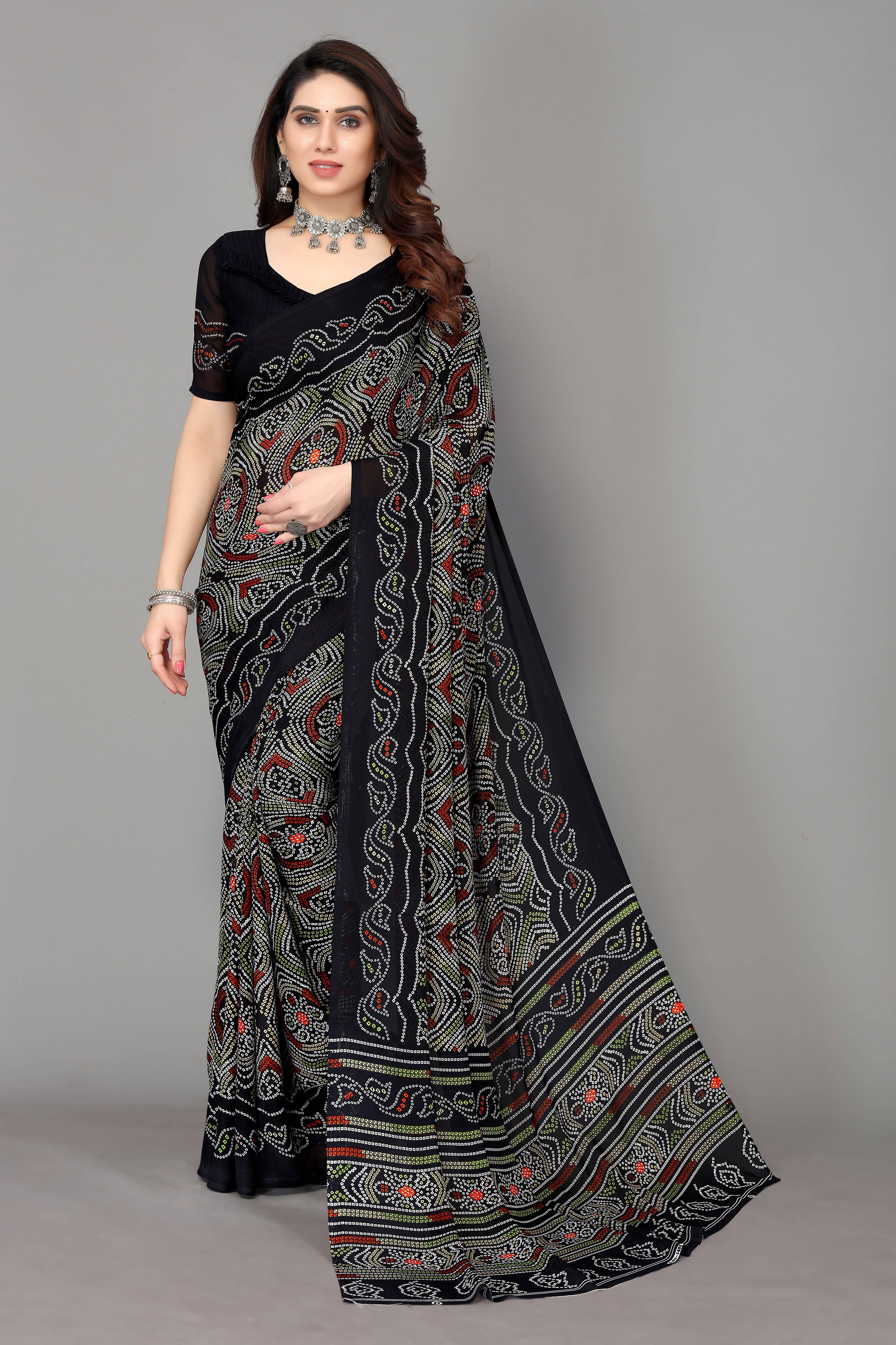 Yashika Georgette Printed Bandhani Sarees With Unstitched Blouse Piece ( Black ) Yashika Georgette Printed Bandhani Sarees With Unstitched Blouse Piece ( Black )